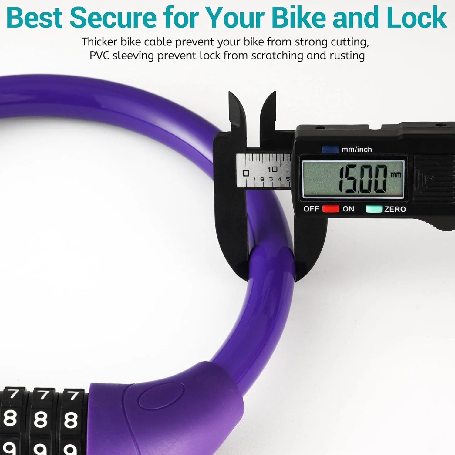 قفل کابلی دوچرخه IDEALUX با رمز 5 رقمی، سر قفل بزرگ و پین قفل فلزی با هسته مسی، قفل کابلی قابل تنظیم مجدد برای دوچرخه کودکان، 20 اینچ در ∅0.8 اینچ بنفش