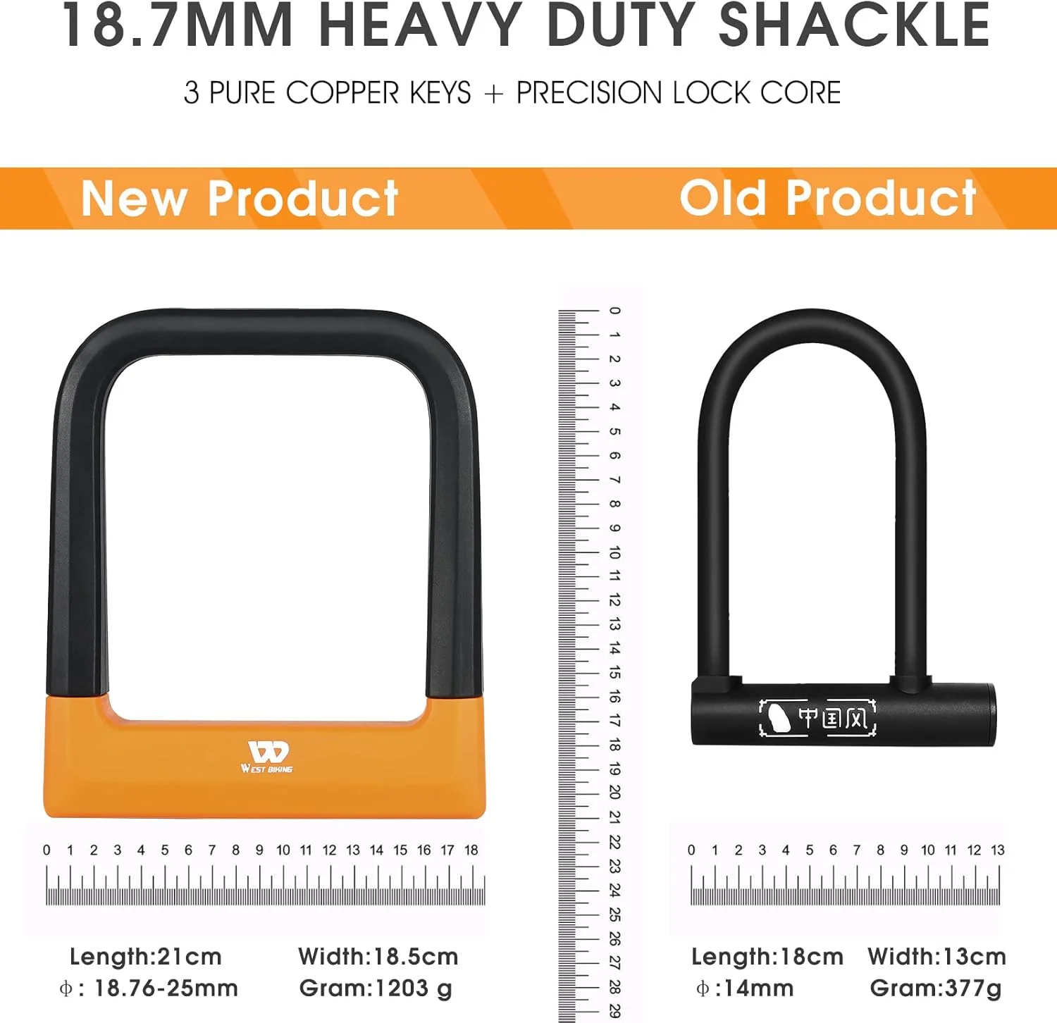قفل U شکل دوچرخه ICOCOPRO، قفل دوچرخه U شکل 18.7 میلی‌متری، قفل U شکل سنگین و با امنیت بالا، قفل دوچرخه با 3 کلید U شکل برای دوچرخه جاده‌ای، دوچرخه کوهستانی، مشکی