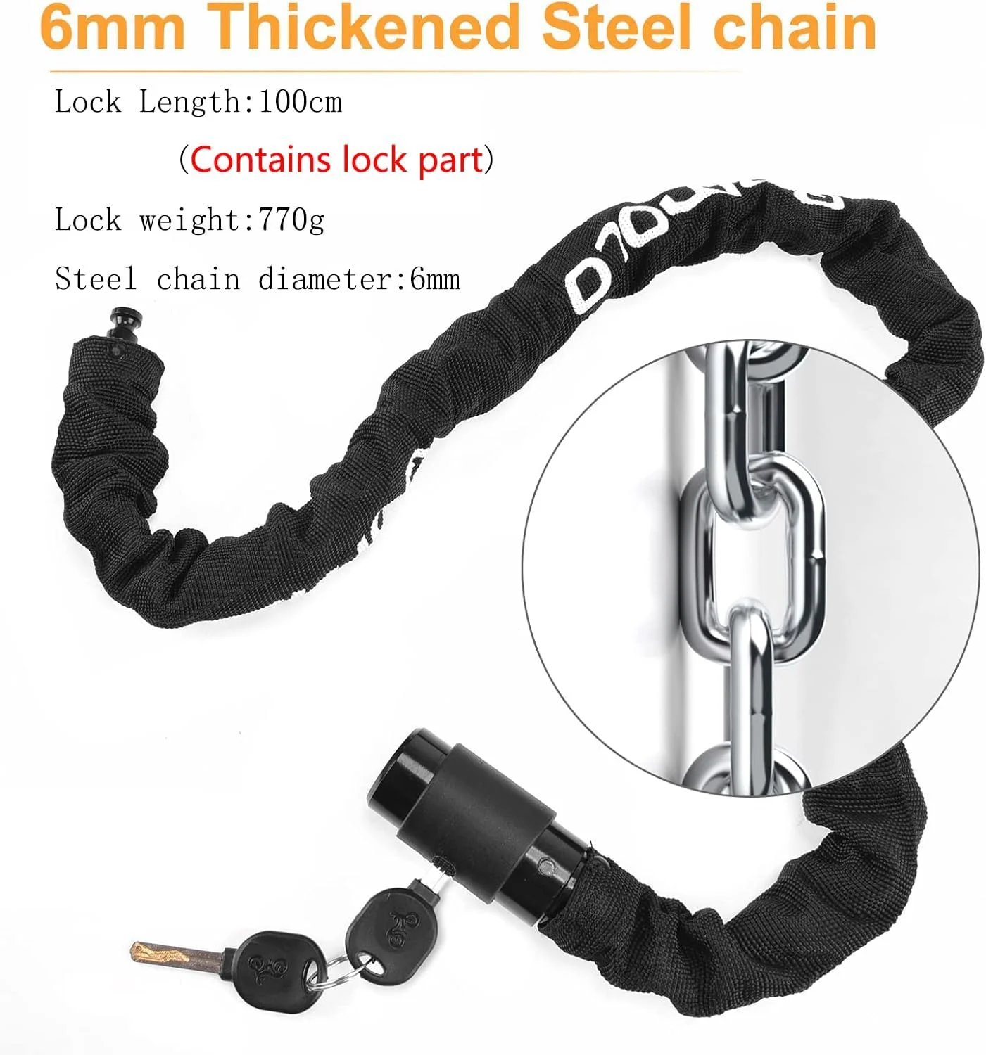 قفل زنجیری دوچرخه با کلید، طول 100 سانتی متر، ضد سرقت، چرخش 360 درجه، قفل زنجیری مشکی برای دوچرخه/موتورسیکلت/در/دروازه/حصار