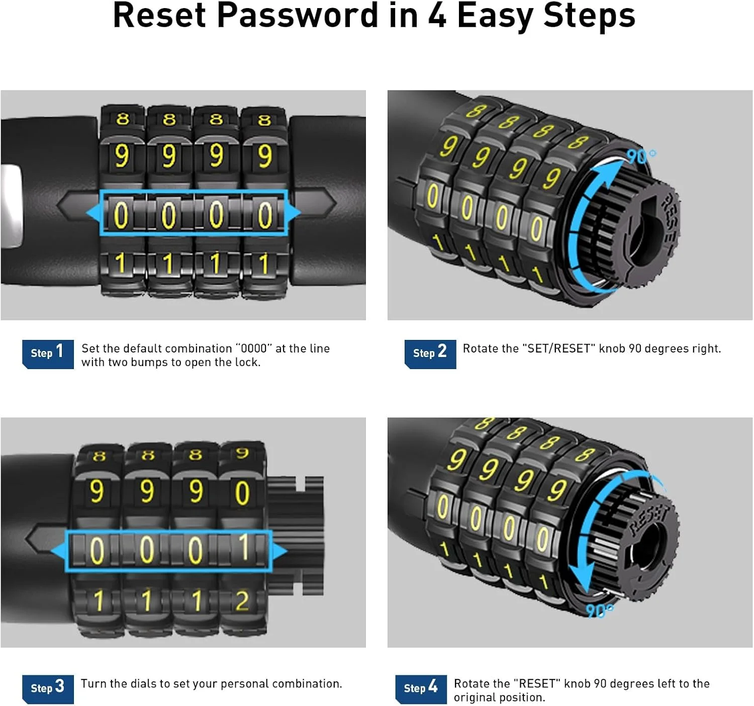 قفل دوچرخه هایبوی، قفل کابلی دوچرخه 1 متری، قفل ترکیبی 4 رقمی قابل تنظیم مجدد، قفل دوچرخه ضد سرقت سنگین