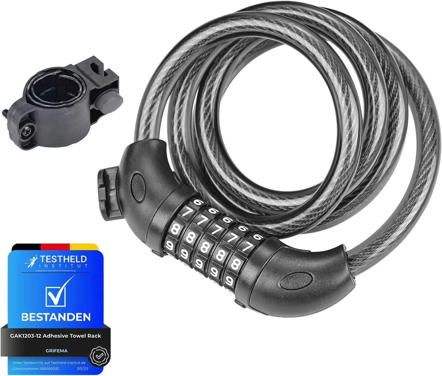 قفل دوچرخه GRIFEMA GAK1203-12، قفل کابلی ضد سرقت با رمز 5 رقمی برای دوچرخه، موتورسیکلت، اسکوتر، 120 سانتی متر، مشکی قفل دوچرخه GRIFEMA GAK1203-12، قفل کابلی ضد سرقت با رمز 5 رقمی برای دوچرخه، موتورسیکلت، اسکوتر، 120 سانتی متر، مشکی