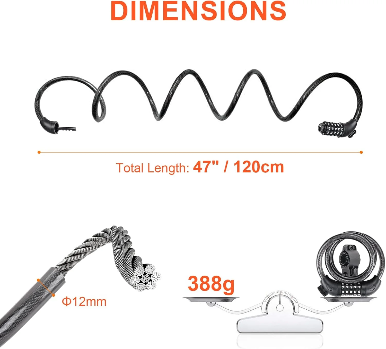 قفل دوچرخه GRIFEMA GAK1203-12، قفل کابلی ضد سرقت با رمز 5 رقمی برای دوچرخه، موتورسیکلت، اسکوتر، 120 سانتی متر، مشکی