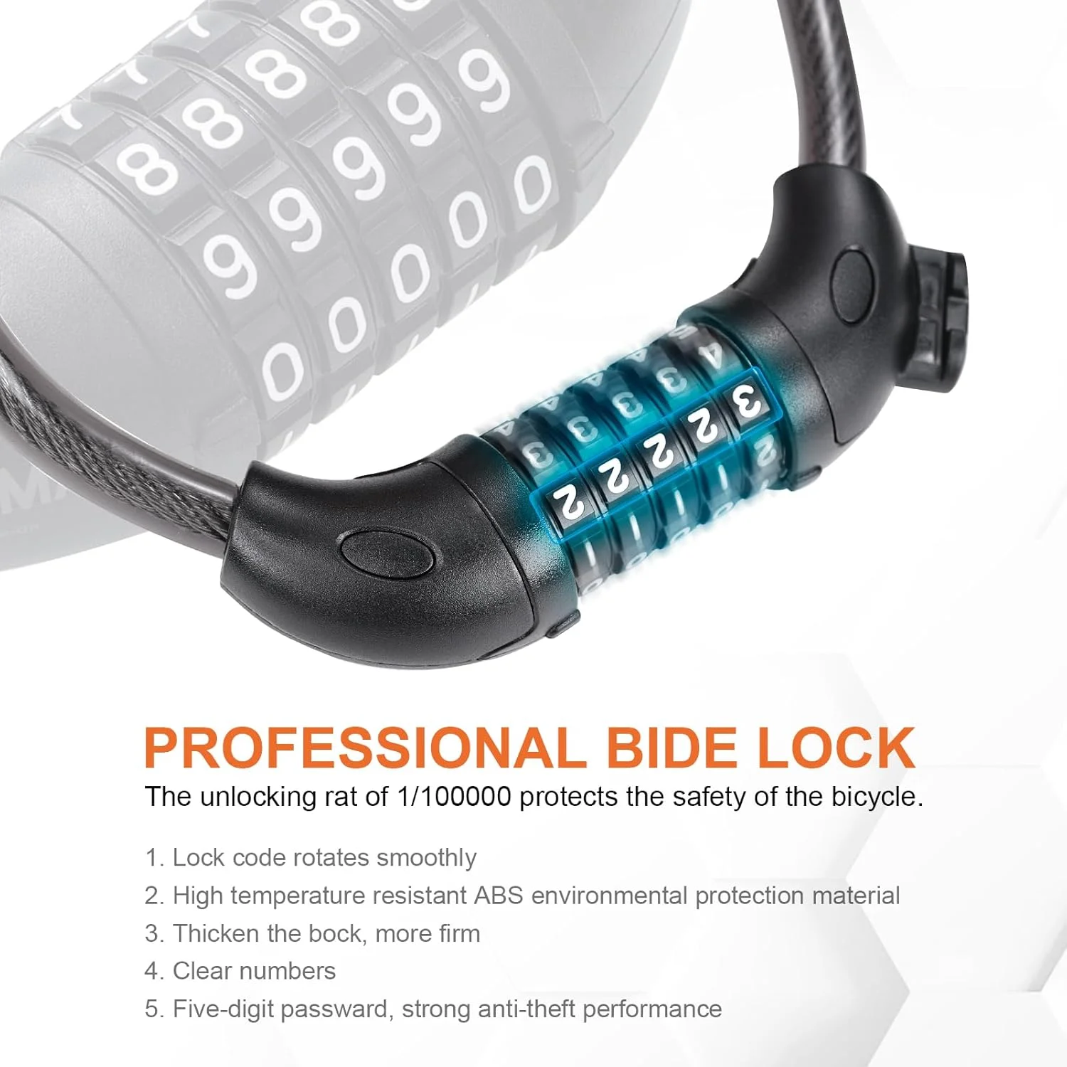 قفل دوچرخه GRIFEMA GAK1203-12، قفل کابلی ضد سرقت با رمز 5 رقمی برای دوچرخه، موتورسیکلت، اسکوتر، 120 سانتی متر، مشکی