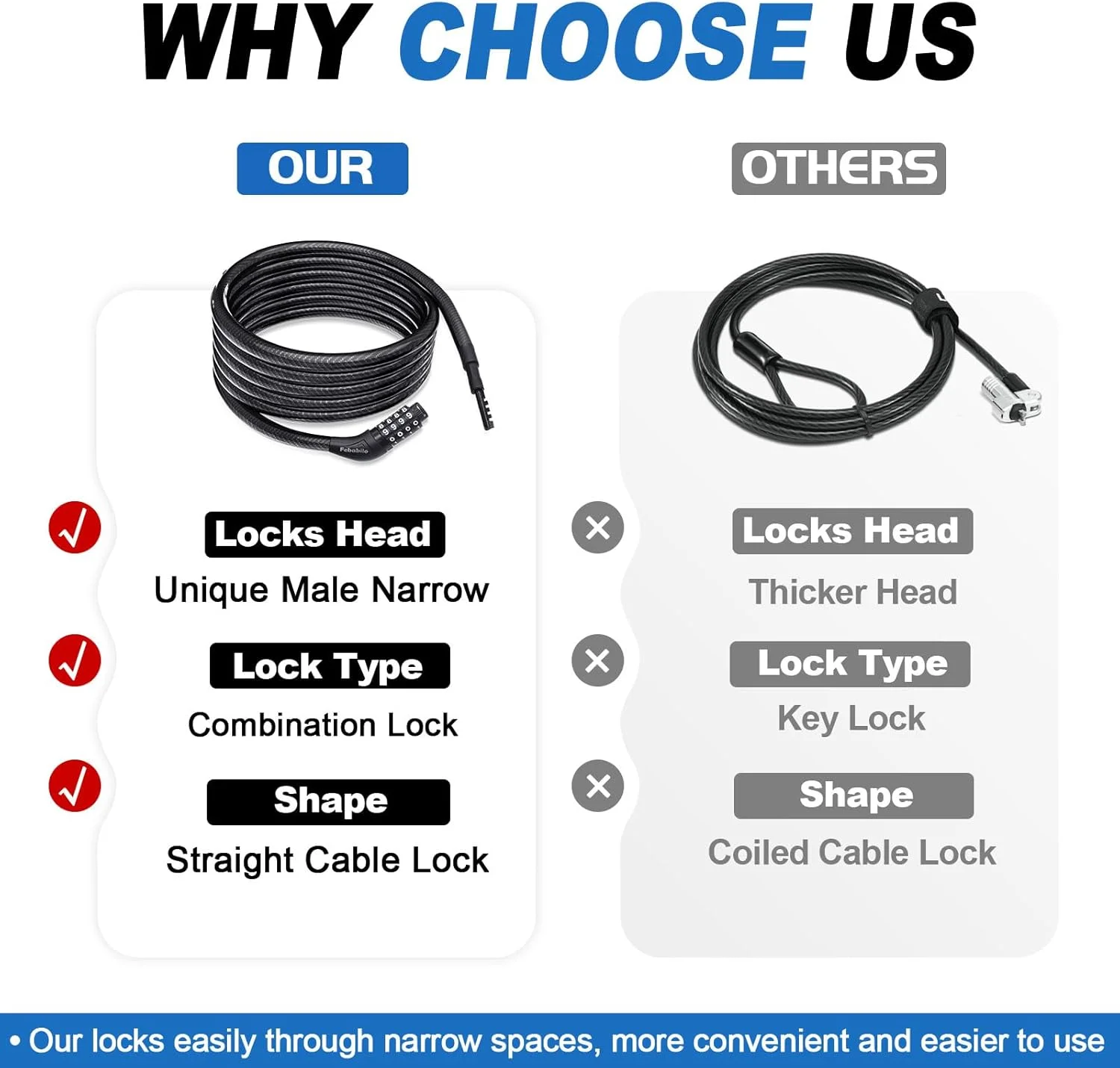 قفل کابلی، قفل دوچرخه فوق العاده بلند (1.5 متر تا 7.6 متر) با رمز قابل تنظیم، قفل کایاک مستقیم ضد سرقت، قفل کابلی باریک منحصر به فرد مناسب برای کایاک، اسکوتر، تخته های پدلی، قایق رانی، جت اسکی