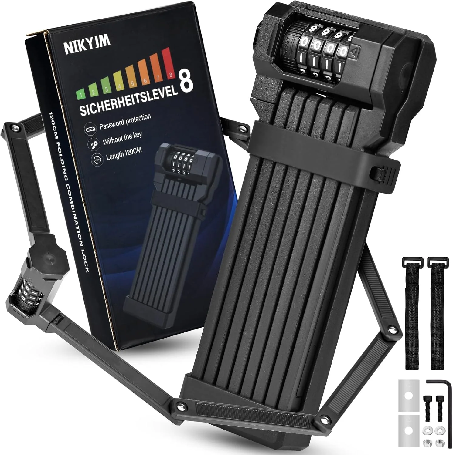 قفل تاشو دوچرخه 120 سانتی متری با رمز ترکیبی و میله های ضخیم 5 میلی متری برای قفل های دوچرخه برقی و دوچرخه های کوهستانی سطح امنیت 7 مشکی