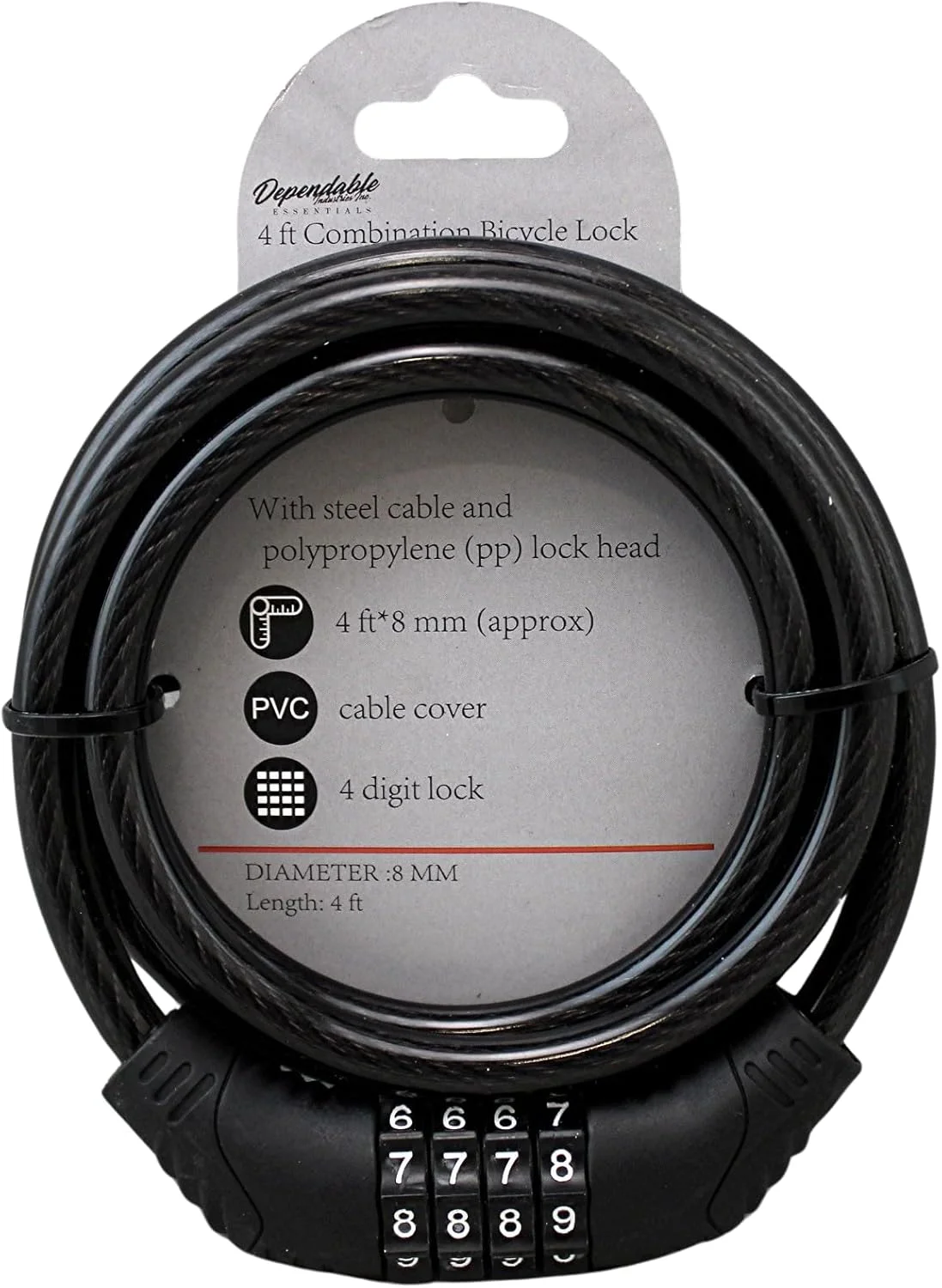 قفل ترکیبی فولادی انعطاف پذیر 120 سانتی متری دوچرخه با مکانیزم خود تنظیم شونده، ضخامت 8 میلی متر با روکش PVC، کد 4 رقمی قابل تنظیم مجدد - کابل امنیتی چند منظوره برای اسکوتر، صندلی، باربیکیو (1، مشکی)