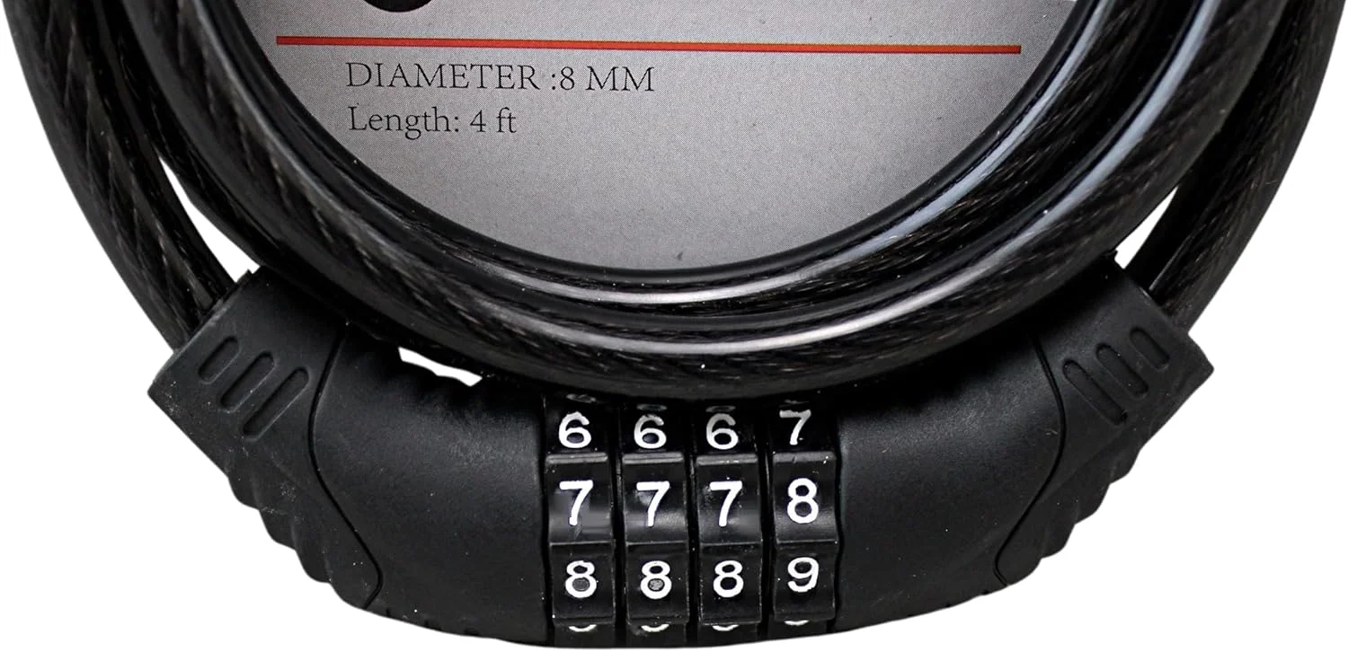 قفل ترکیبی فولادی انعطاف پذیر 120 سانتی متری دوچرخه با مکانیزم خود تنظیم شونده، ضخامت 8 میلی متر با روکش PVC، کد 4 رقمی قابل تنظیم مجدد - کابل امنیتی چند منظوره برای اسکوتر، صندلی، باربیکیو (1، مشکی)