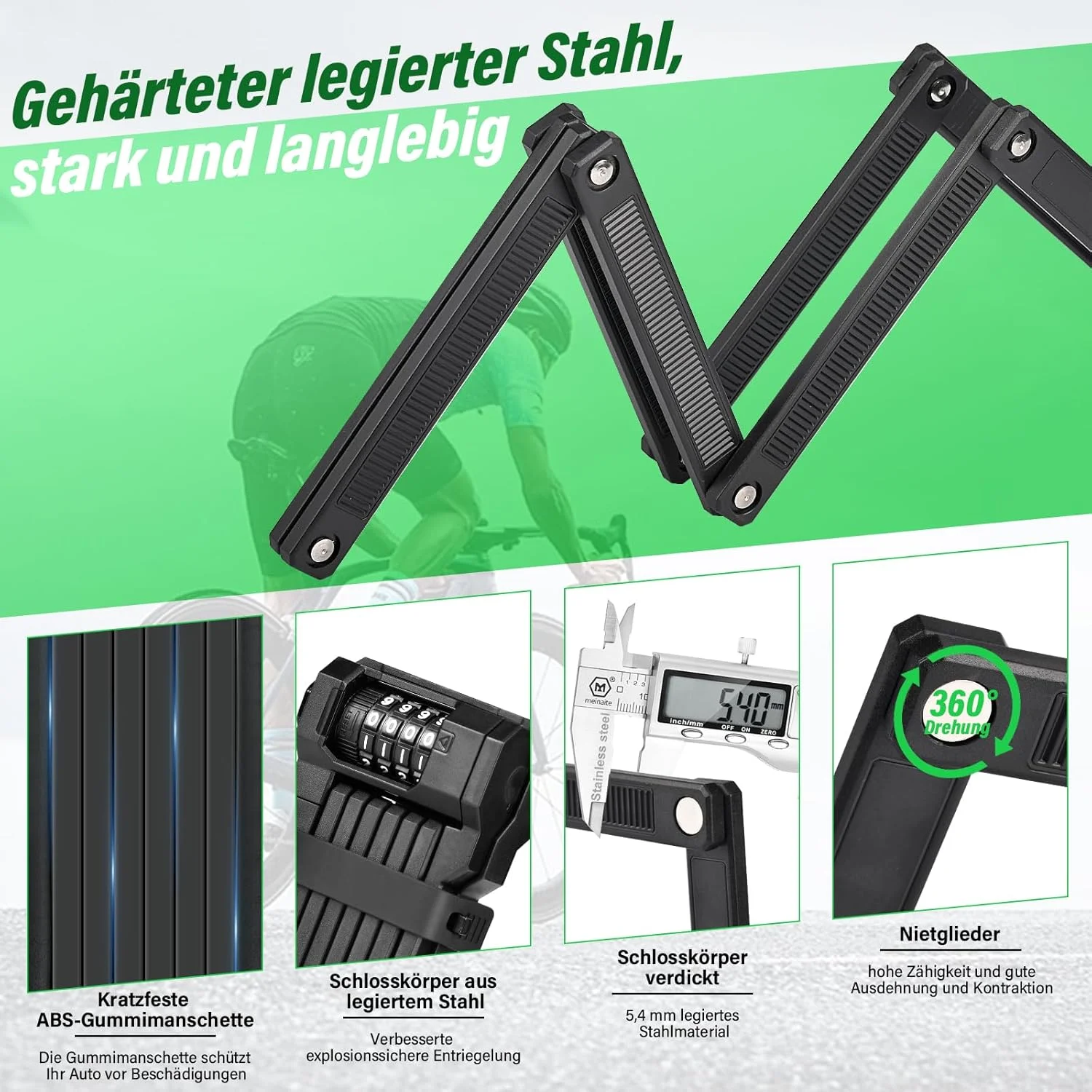 قفل تاشو دوچرخه 120 سانتی متری با رمز ترکیبی و میله های ضخیم 5 میلی متری برای قفل های دوچرخه برقی و دوچرخه های کوهستانی سطح امنیت 7 مشکی