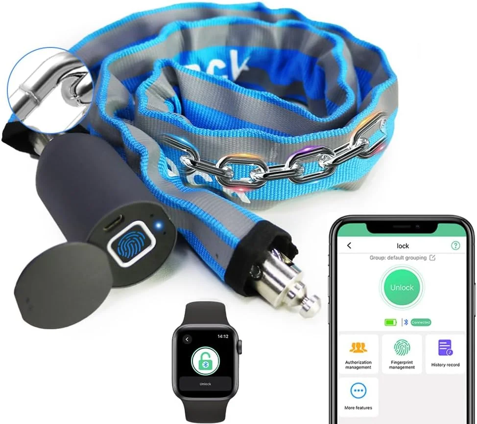 قفل زنجیری هوشمند eLinkSmart بدون کلید ضد آب 100 سانتی متری مناسب دوچرخه، اسکوتر، موتورسیکلت، درب، حصار، قفل اثر انگشتی، بلوتوثی، اپلیکیشن، امنیت سنگین، آبی، مدل جدید 2024
