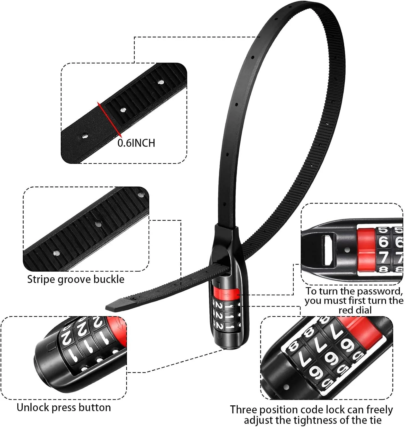 قفل کمربندی دوچرخه Excefore، قفل دوچرخه چند منظوره قابل تنظیم، 3 رقمی کلیدی/با رمز عبور برای دوچرخه، چمدان، اسکی، کمد و درها