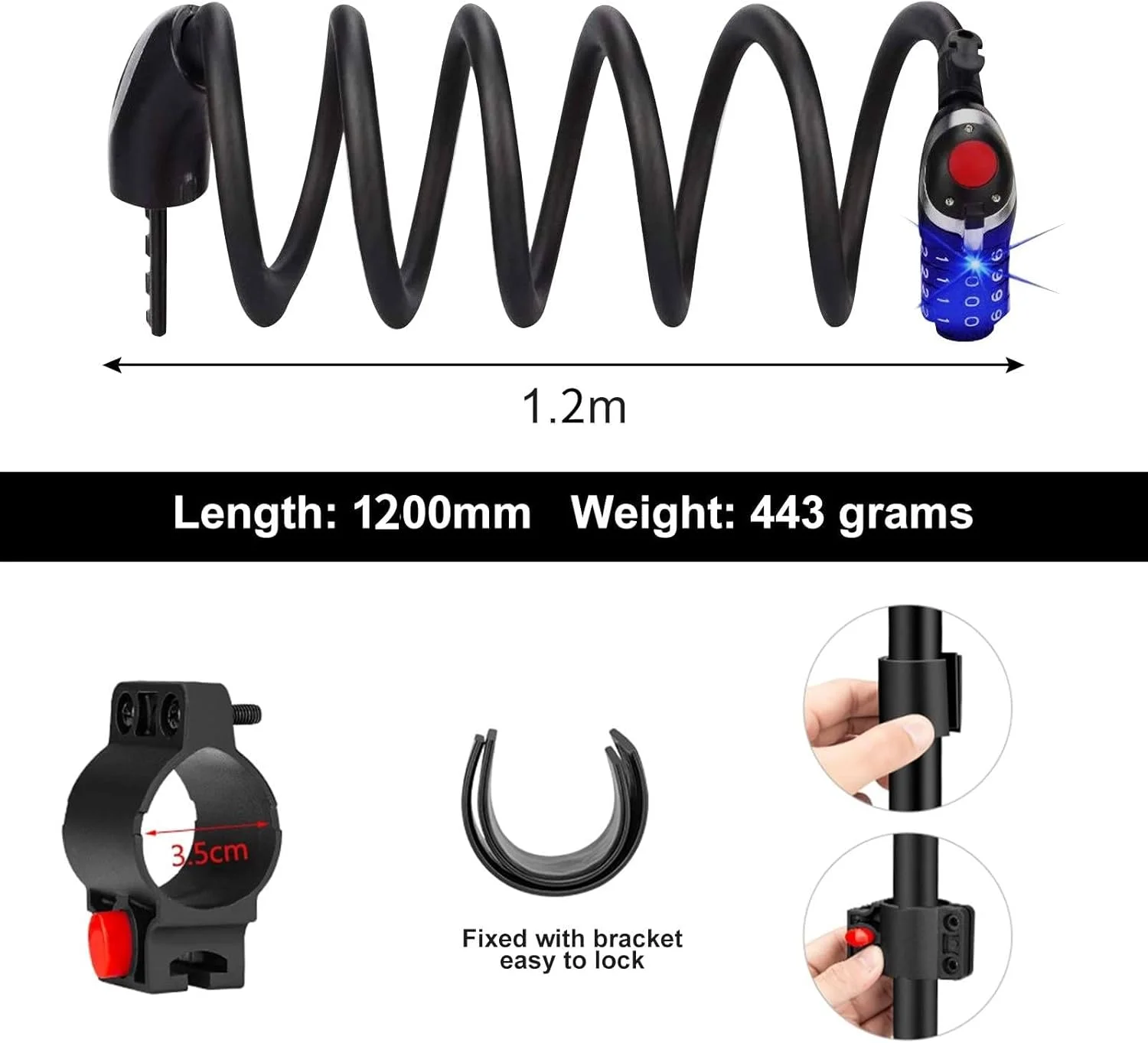 قفل دوچرخه Excefore با چراغ شب LED، قفل کابلی ترکیبی 4 رقمی قابل تنظیم مجدد، قفل زنجیری با امنیت بالا برای دوچرخه، فضای باز و سایر مواردی که نیاز به ایمن شدن دارند، 120 سانتی متر/12 میلی متر (مشکی)