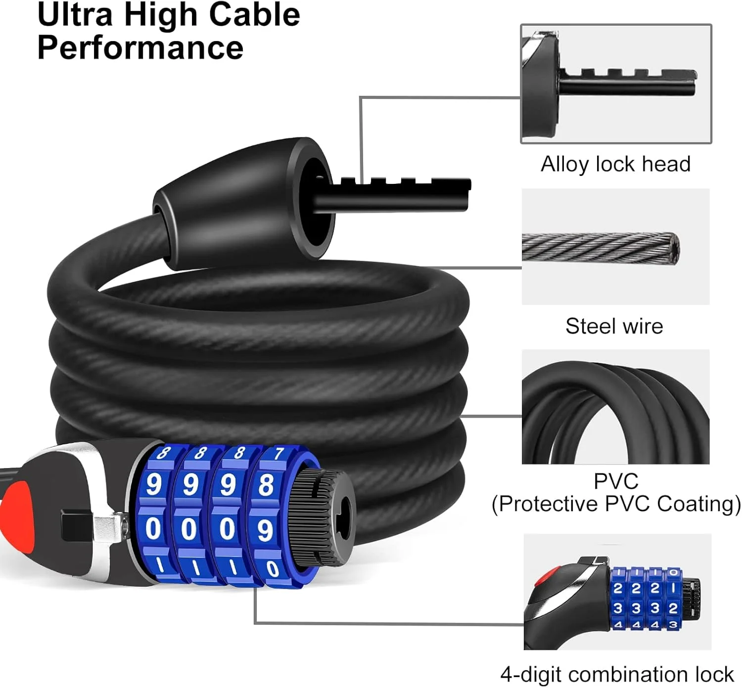 قفل دوچرخه Excefore با چراغ شب LED، قفل کابلی ترکیبی 4 رقمی قابل تنظیم مجدد، قفل زنجیری با امنیت بالا برای دوچرخه، فضای باز و سایر مواردی که نیاز به ایمن شدن دارند، 120 سانتی متر/12 میلی متر (مشکی)