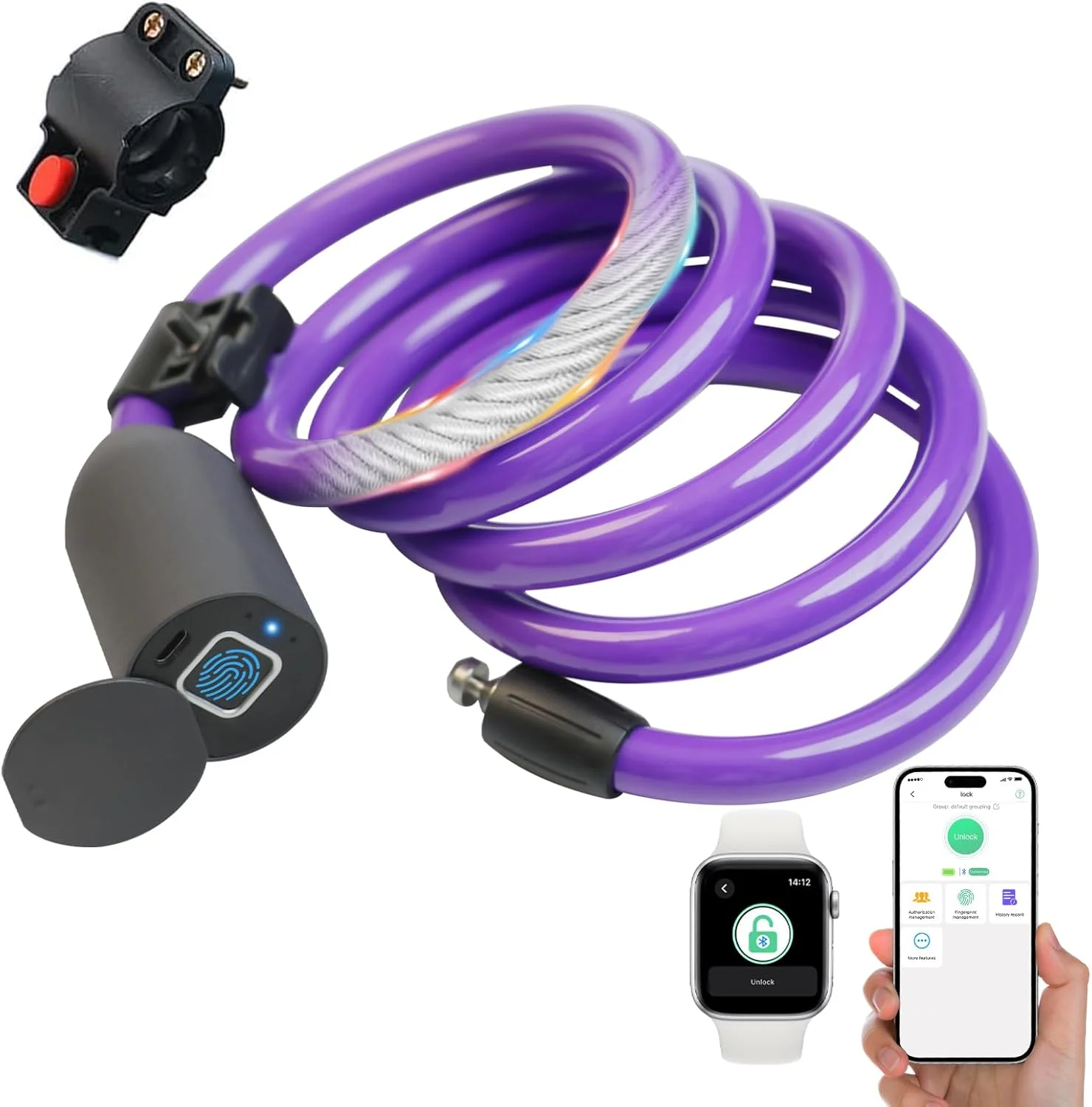 قفل کابلی الکترونیکی دوچرخه eLinkSmart با اثر انگشت، اپلیکیشن موبایل و بلوتوث، طول 150 سانتی متر، ضد آب، بدون کلید، بنفش