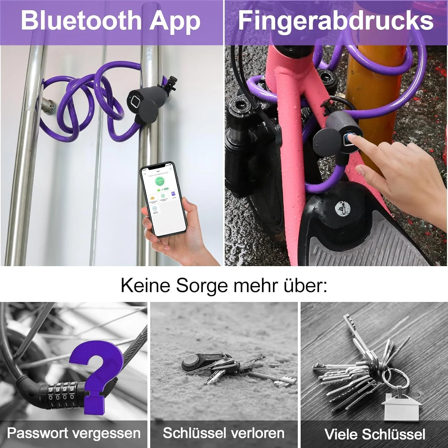قفل کابلی الکترونیکی دوچرخه eLinkSmart با اثر انگشت، اپلیکیشن موبایل و بلوتوث، طول 150 سانتی متر، ضد آب، بدون کلید، بنفش