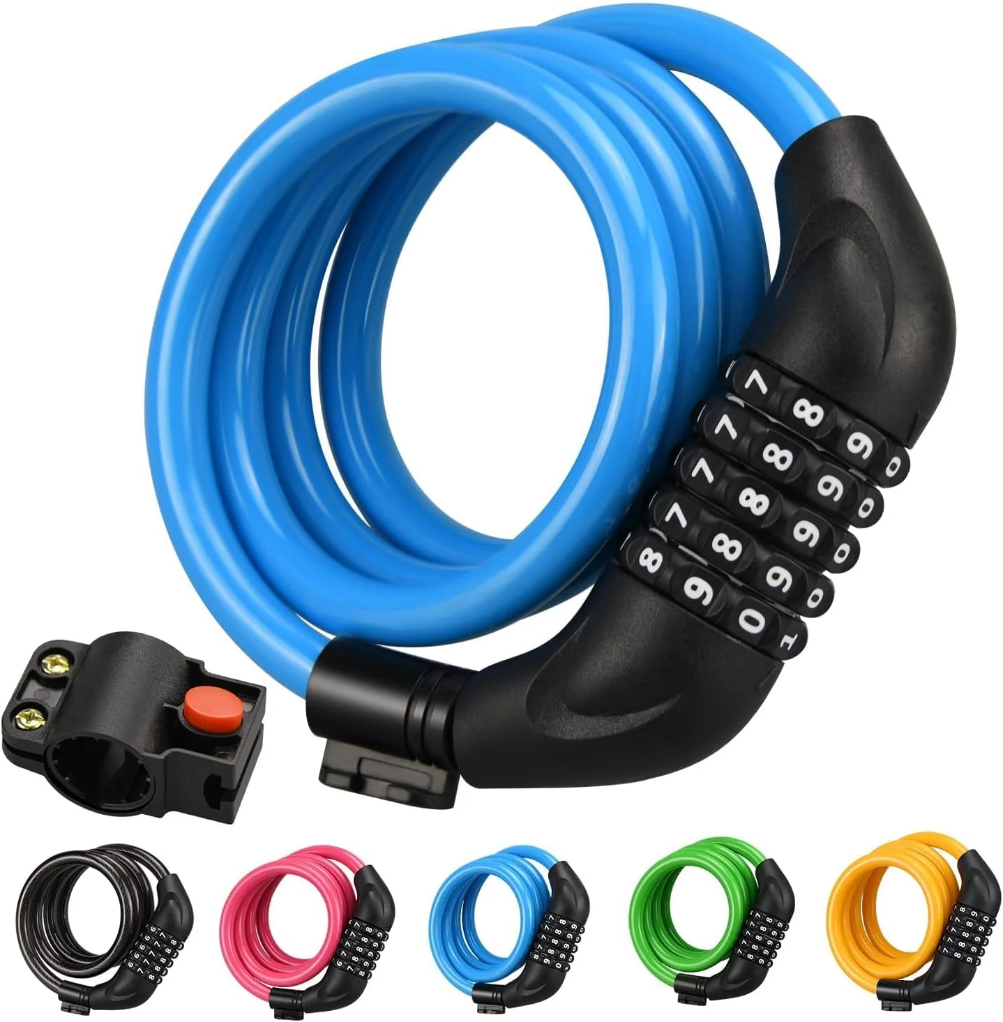 قفل کابلی دوچرخه، قفل ترکیبی 1.2 متری دوچرخه با براکت نصب، قفل چرخشی 5 رقمی قابل تنظیم مجدد با امنیت بالا، قفل کابلی ضد سرقت دوچرخه در 5 رنگ (آبی)