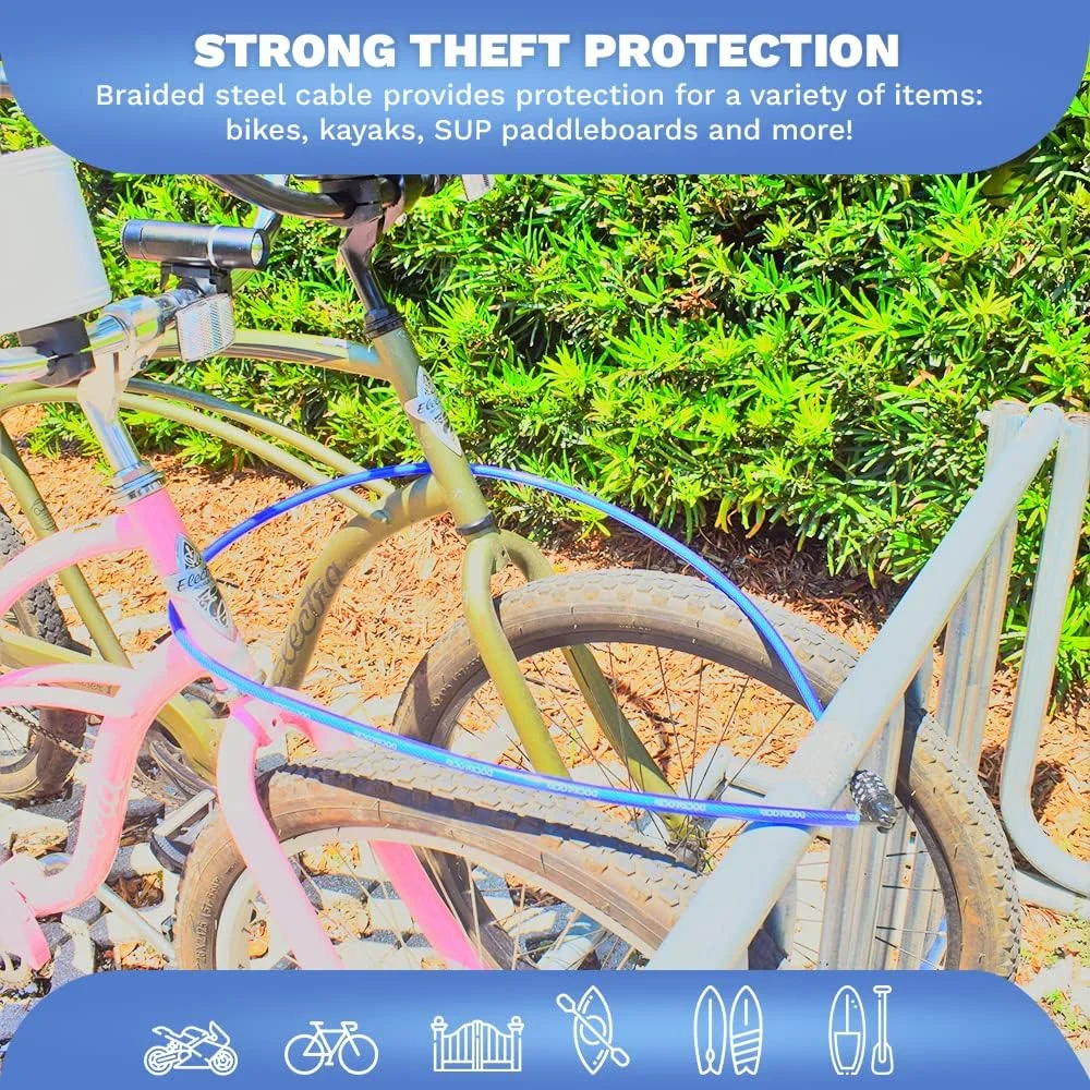 قفل کابلی مستقیم ضد آب داکس لاک (طول 1.5 تا 7.5 متر) با رمز قابل تنظیم، محافظت ضد سرقت برای کایاک، دوچرخه، پدلبورد، اسکوتر، تجهیزات، دوچرخه ها و موارد دیگر، 6 متر