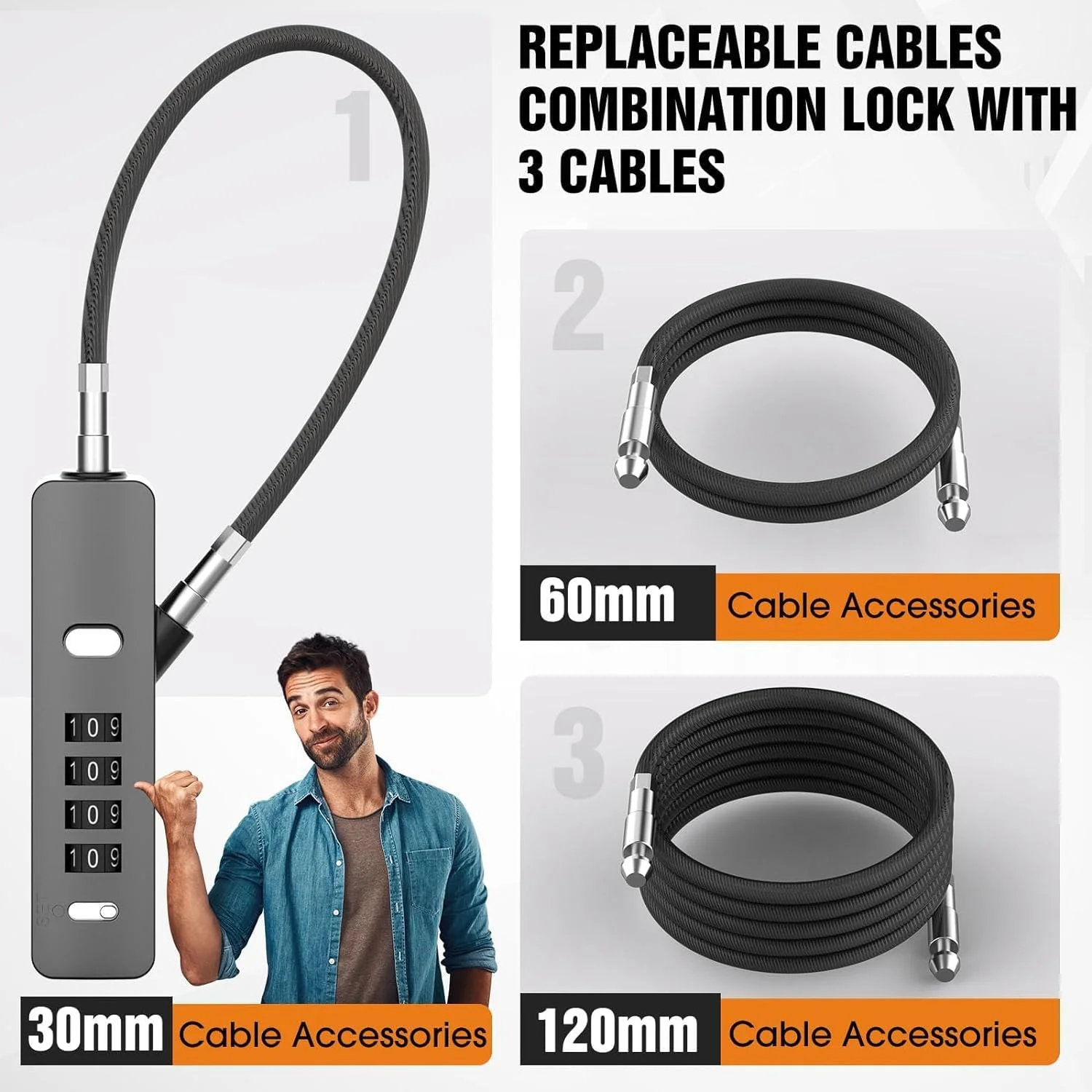 کابل های چند منظوره 3 در 1 DOCOSS، قفل کلاه ایمنی فولادی برای دوچرخه/قفل دوچرخه با 3 کابل با طول های مختلف برای قفل کلاه ایمنی، قفل کیف، قفل درب، قفل چمدان، قفل دروازه، قفل دوچرخه و موارد دیگر