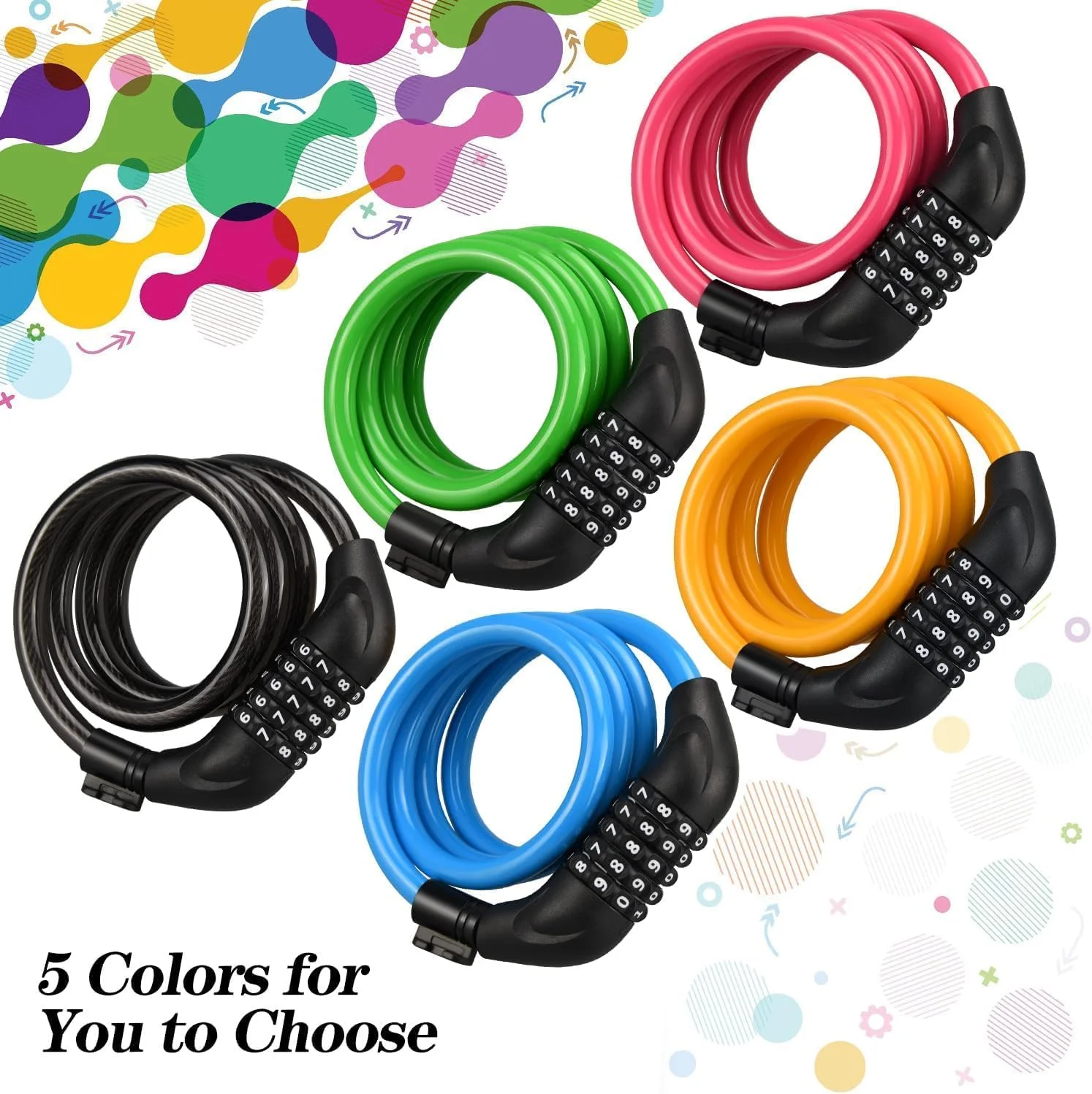 قفل کابلی دوچرخه، قفل ترکیبی 1.2 متری دوچرخه با براکت نصب، قفل چرخشی 5 رقمی قابل تنظیم مجدد با امنیت بالا، قفل کابلی ضد سرقت دوچرخه در 5 رنگ (آبی)