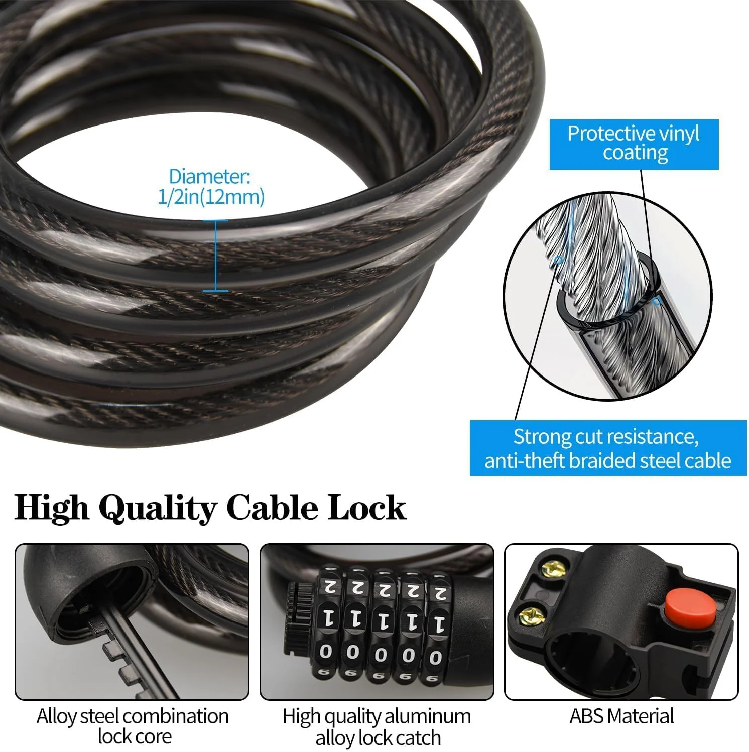 قفل کابلی دوچرخه، قفل ترکیبی 1.2 متری دوچرخه با براکت نصب، قفل چرخشی 5 رقمی قابل تنظیم مجدد با امنیت بالا، قفل کابلی ضد سرقت دوچرخه در 5 رنگ (آبی)