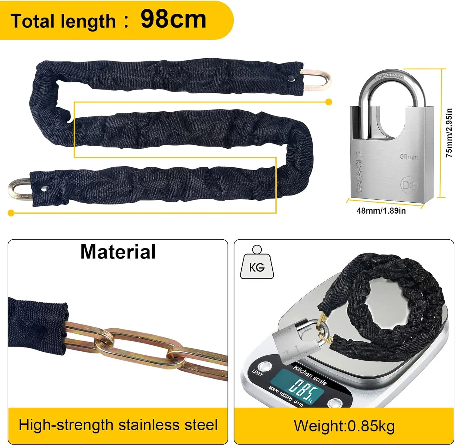 قفل زنجیری دوچرخه Diyife، نسخه تقویت‌شده، با 4 کلید، 1 متر در 6 میلی‌متر، قفل ضد سرقت با امنیت بالا، قفل ضد آب برای دوچرخه، موتورسیکلت، اسکوتر، درب، دروازه، حصار