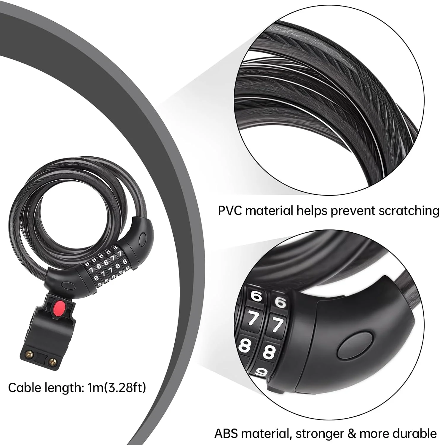 قفل دوچرخه با رمز ترکیبی، قفل 5 رقمی با امنیت بالا، مناسب برای دوچرخه، دوچرخه کوهستان، موتورسیکلت، اسکوتر، اسکیت بورد، 1.2 متر