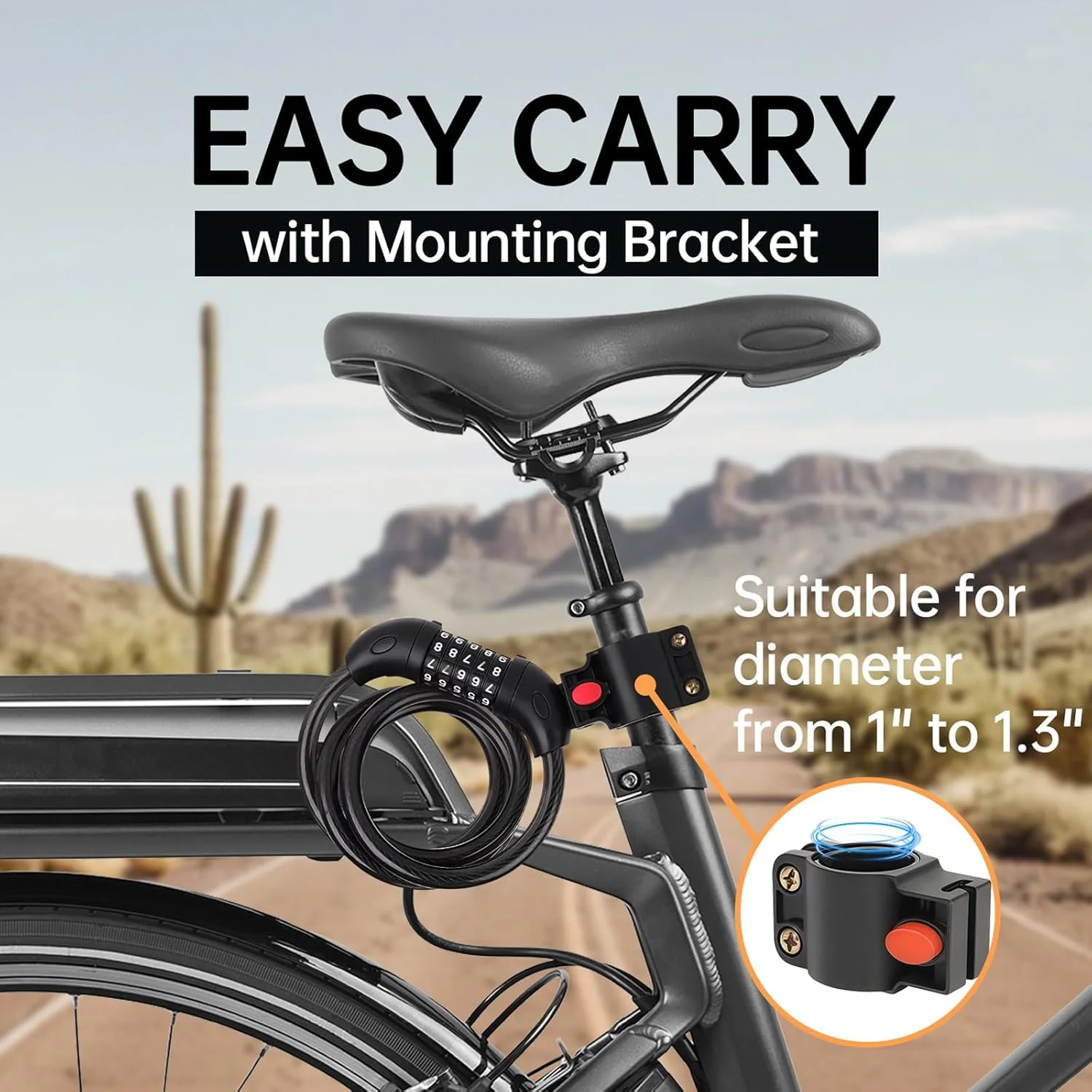 قفل دوچرخه با رمز ترکیبی، قفل 5 رقمی با امنیت بالا، مناسب برای دوچرخه، دوچرخه کوهستان، موتورسیکلت، اسکوتر، اسکیت بورد، 1.2 متر