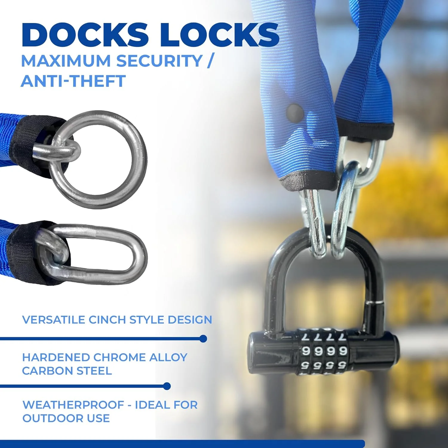 زنجیر امنیتی سنگین وظیفه DocksLocks مدل Cinch با ضخامت 8 میلی متر - (در اندازه های 3، 6 یا 10 فوت) - مقاوم در برابر آب و هوا و برش، ساخته شده از آلیاژ کروم فولاد کربنی سخت شده به همراه قفل U شکل کوتاه برای دوچرخه، موتورسیکلت، ATV (10 فوت)