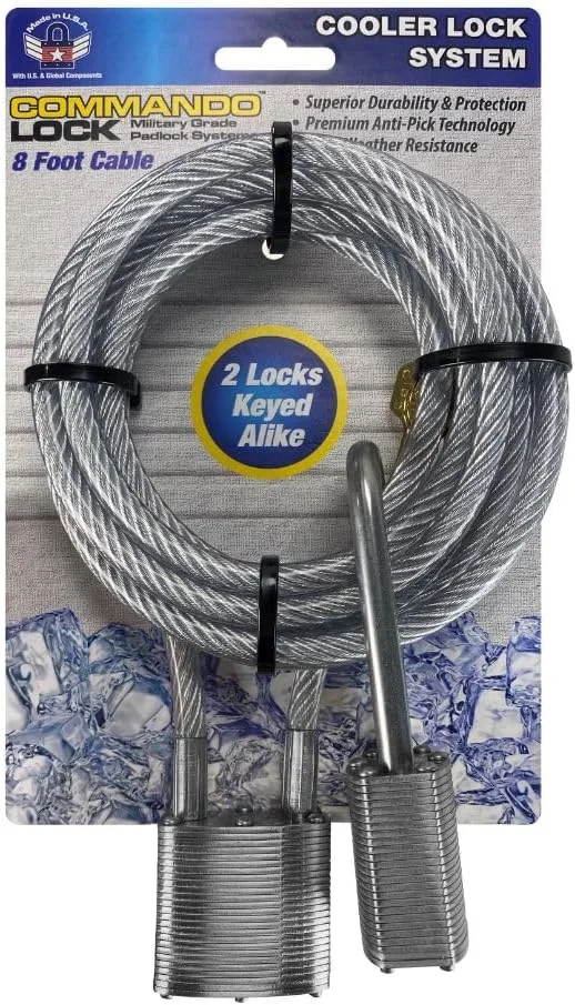 قفل کابلی فولادی خنک کننده Commando Lock کابل روکش دار فولادی 8 فوتی - 2 قفل ضد آب درجه نظامی، کلید یکسان، برای خنک کننده ها، دوچرخه ها، قایق ها، اسلحه ها و موارد دیگر
