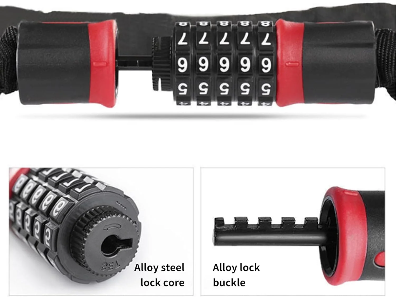 قفل دوچرخه: قفل زنجیری 5 رقمی ضد سرقت با امنیت بالا، قفل بدون کلید قابل تنظیم مجدد و سنگین برای دوچرخه، موتورسیکلت، اسکوتر، درب و دروازه (طول زنجیر: 120 سانتی متر)