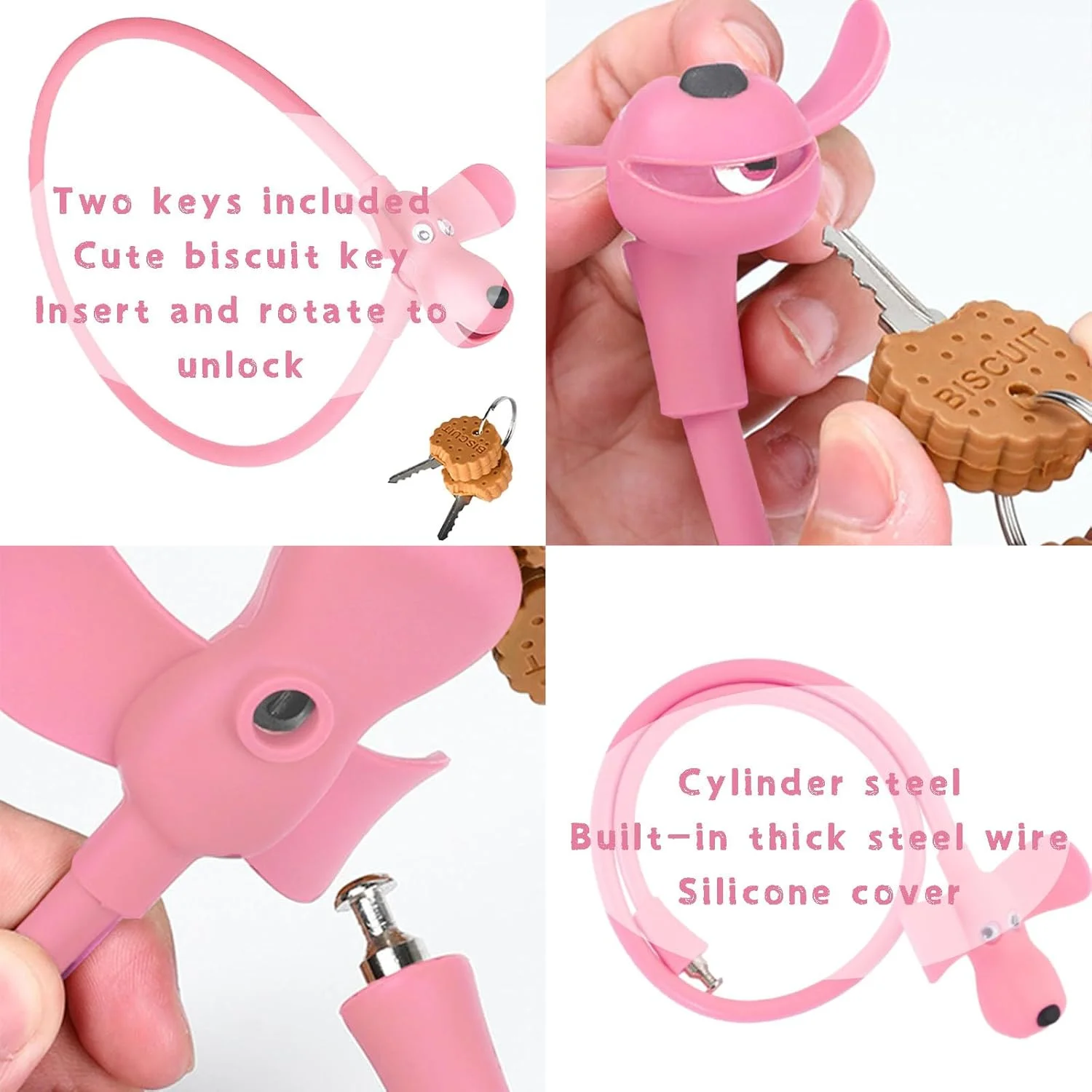 قفل کابلی طرح بیسکوییت سگ، قفل دوچرخه کودک، قفل دوچرخه کودک با کلید، لوازم جانبی دوچرخه کودک با روکش سیلیکونی، طول 10 سانتی متر، برای دوچرخه، درب، اسکیت بورد، کلاه ایمنی و موارد دیگر