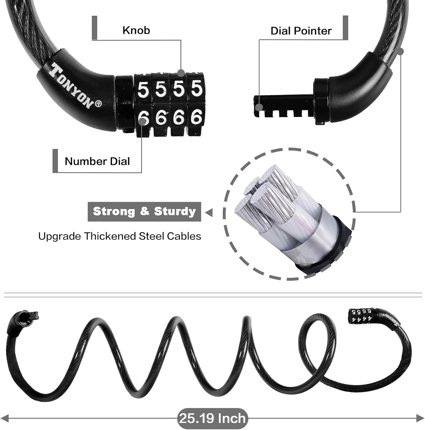 قفل کابلی دوچرخه، قفل ضد سرقت سنگین دوچرخه، قفل کابلی برای تجهیزات فضای باز، مشکی (1 عدد، 1.2 متر، ترکیب از پیش تعیین شده)