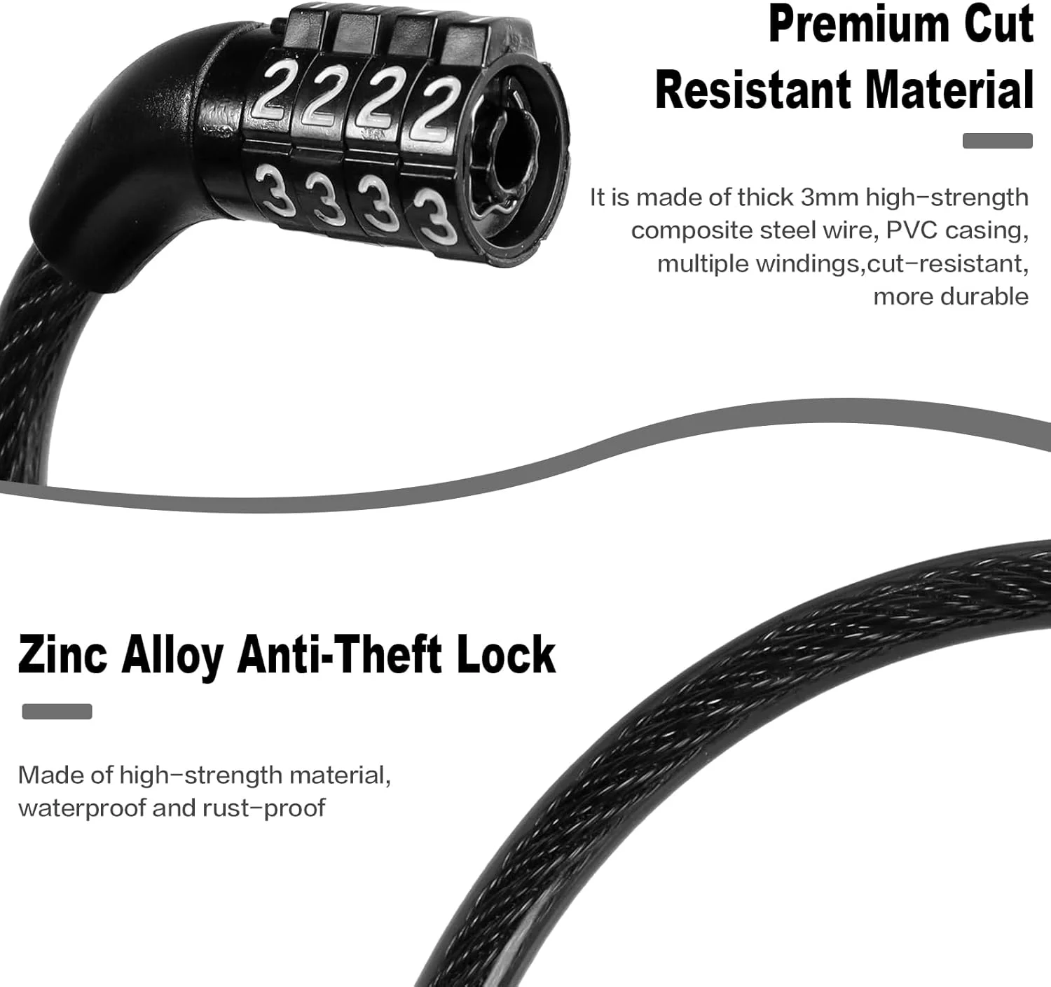 قفل کابلی دوچرخه، قفل ضد سرقت سنگین دوچرخه، قفل کابلی برای تجهیزات فضای باز، مشکی (1 عدد، 1.2 متر، ترکیب از پیش تعیین شده)