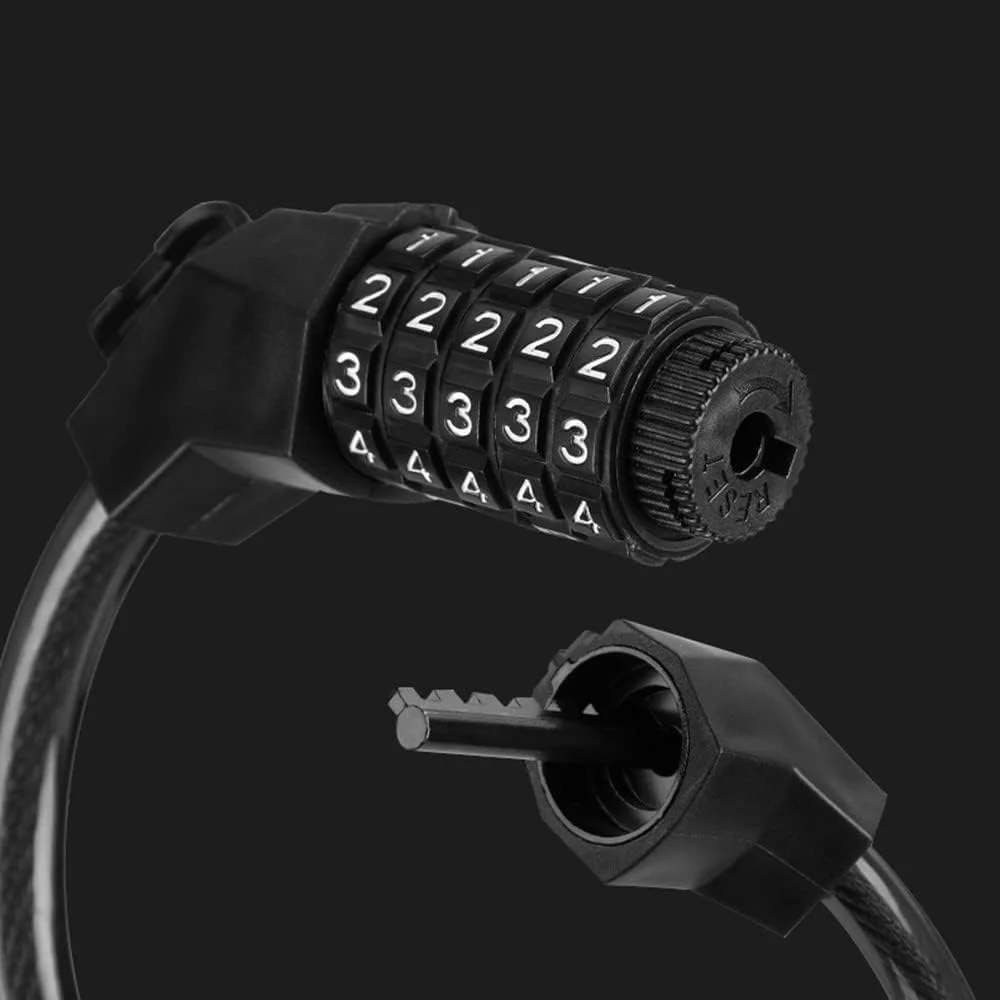 قفل کابلی دوچرخه با رمز 5 رقمی قابل تنظیم مجدد، مشکی، 1.2 متر