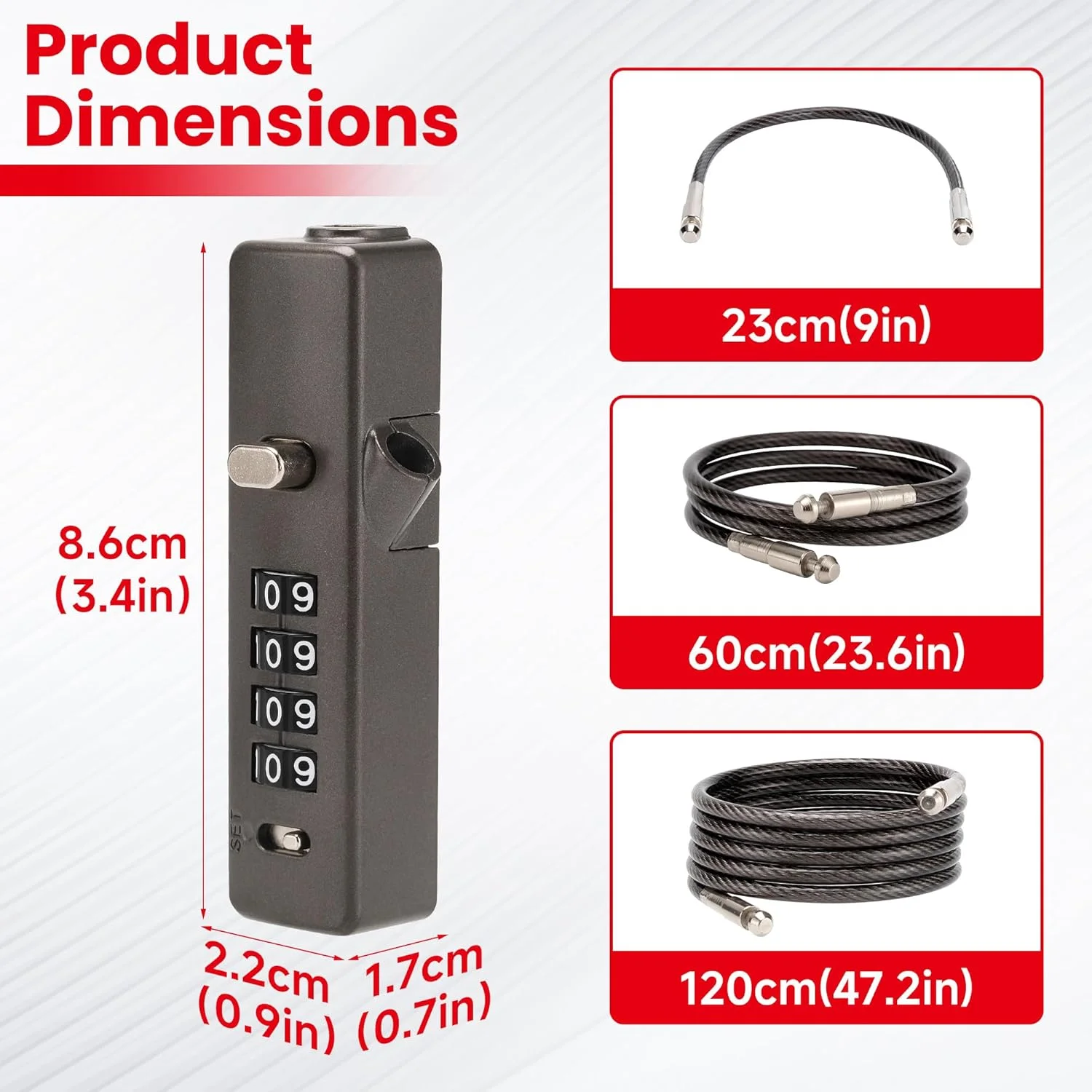 قفل کابلی ترکیبی - 3 قفل جمع شونده (30، 60، 120 سانتی متر) برای دوچرخه، اسکی، حصار، کابینت، درب - کد امنیتی 4 رقمی - بادوام و قابل تنظیم - خاکستری تفنگی (1 بسته)