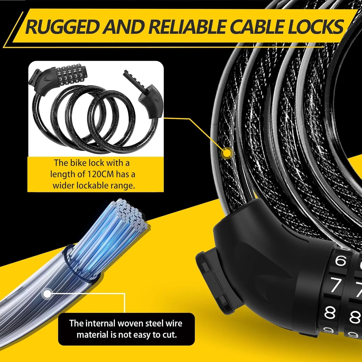 قفل دوچرخه با رمز ترکیبی 12 میلی‌متر/120 سانتی‌متر | قفل کابلی ضد سرقت دوچرخه با رمز 5 رقمی | قفل کابلی ترکیبی ضد آب برای دوچرخه، دوچرخه برقی، کالسکه، نردبان، باربیکیو