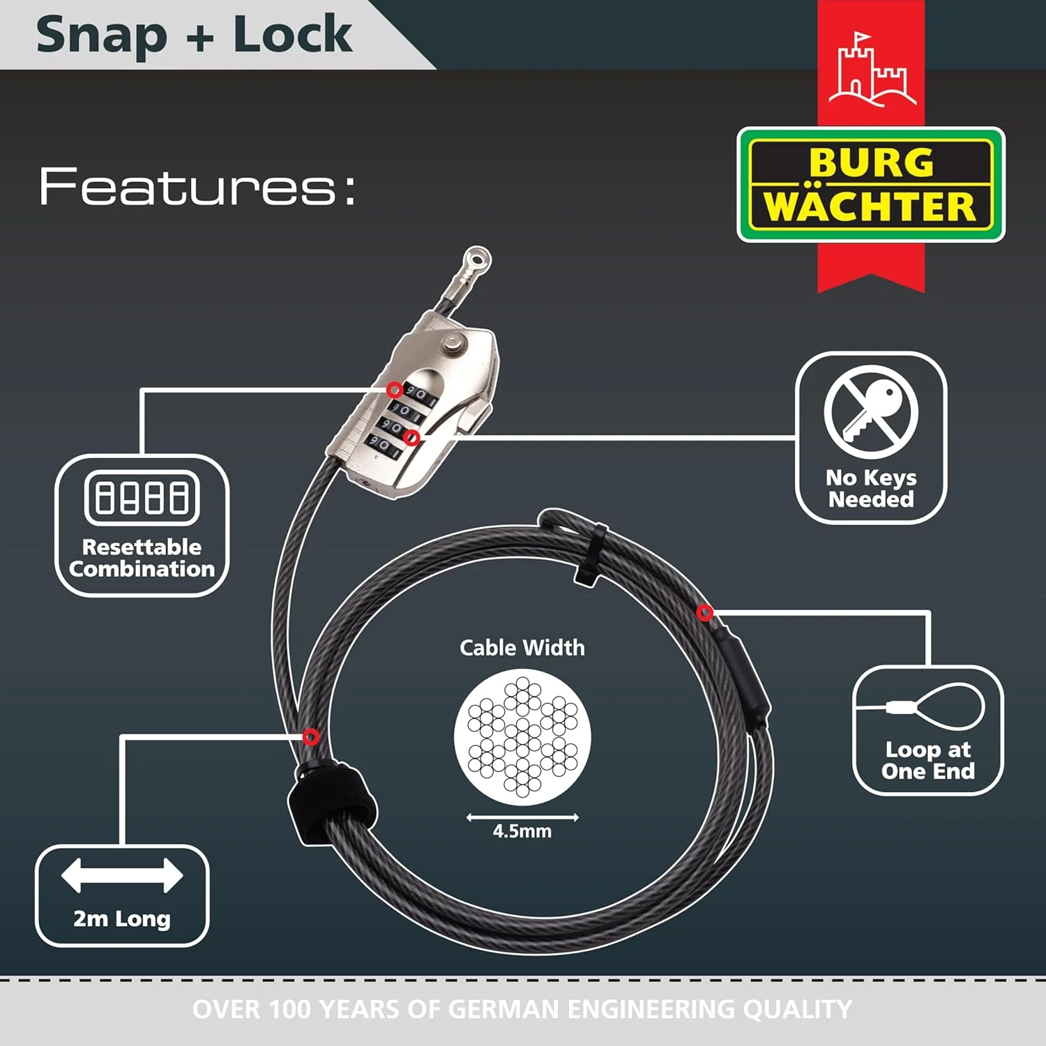 قفل کابلی Burg-Wächter Snap+Lock 720 200 با رمز، مشکی