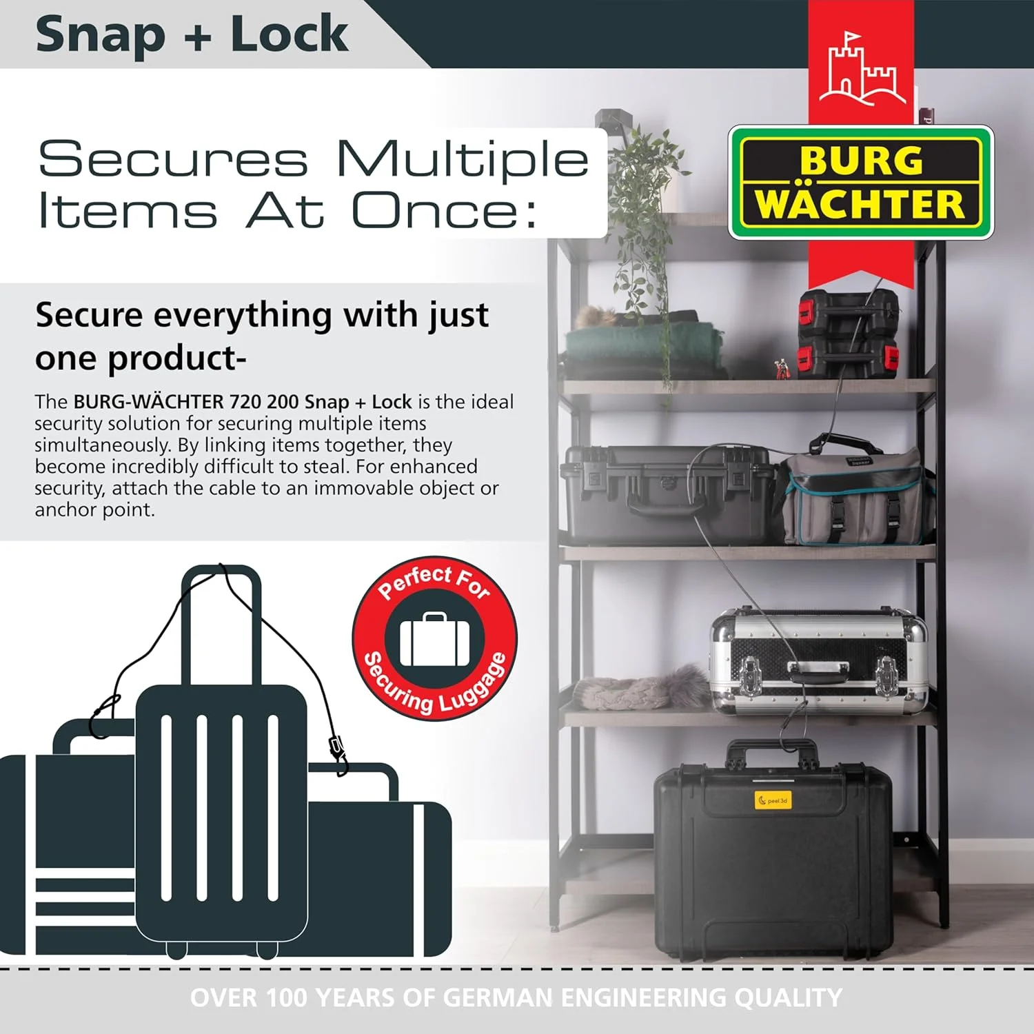 قفل کابلی Burg-Wächter Snap+Lock 720 200 با رمز، مشکی