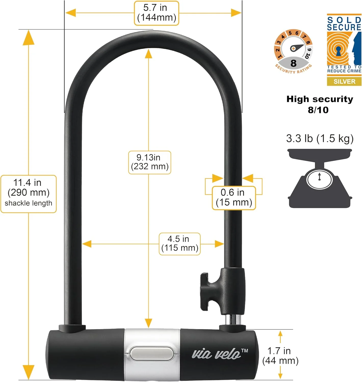 قفل U دوچرخه و کابل ویـا ولو – قفل سنگین دوچرخه با ضخامت 15 میلی‌متر به همراه 2 کلید و روکش ضد آب، قفل لاستیک دوچرخه مناسب دوچرخه کورسی، کوهستان، برقی و تاشو