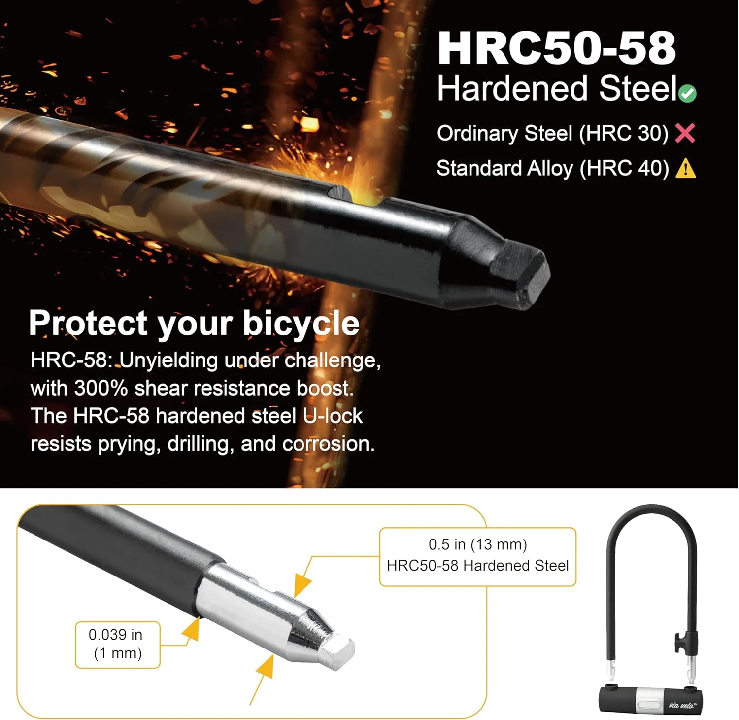 قفل U دوچرخه و کابل ویـا ولو – قفل سنگین دوچرخه با ضخامت 15 میلی‌متر به همراه 2 کلید و روکش ضد آب، قفل لاستیک دوچرخه مناسب دوچرخه کورسی، کوهستان، برقی و تاشو