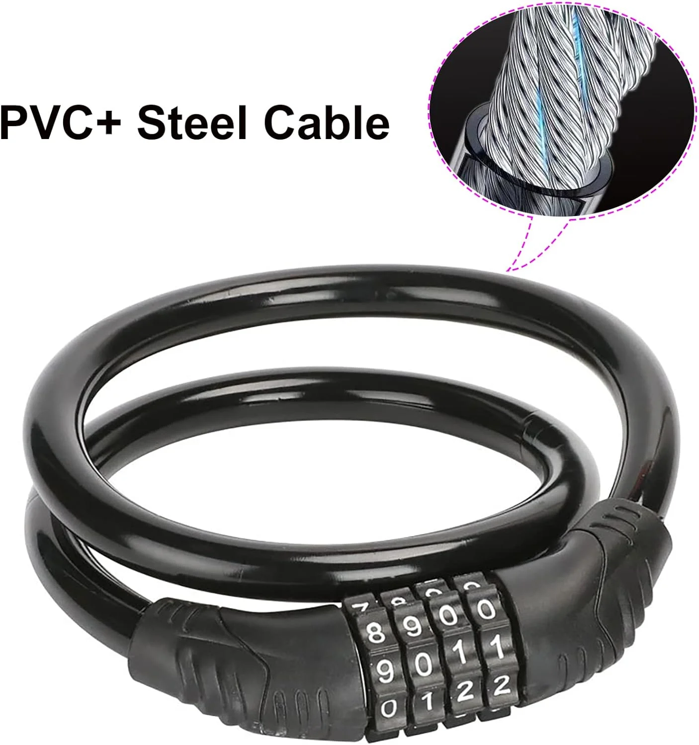 قفل کابل دوچرخه 2 عددی، زنجیر قفل ضد سرقت دوچرخه، قفل ترکیبی 4 رقمی قابل تنظیم مجدد، قفل ترکیبی خود جمع شونده بدون براکت نصب، 2 فوت در 1/2 اینچ (مشکی)