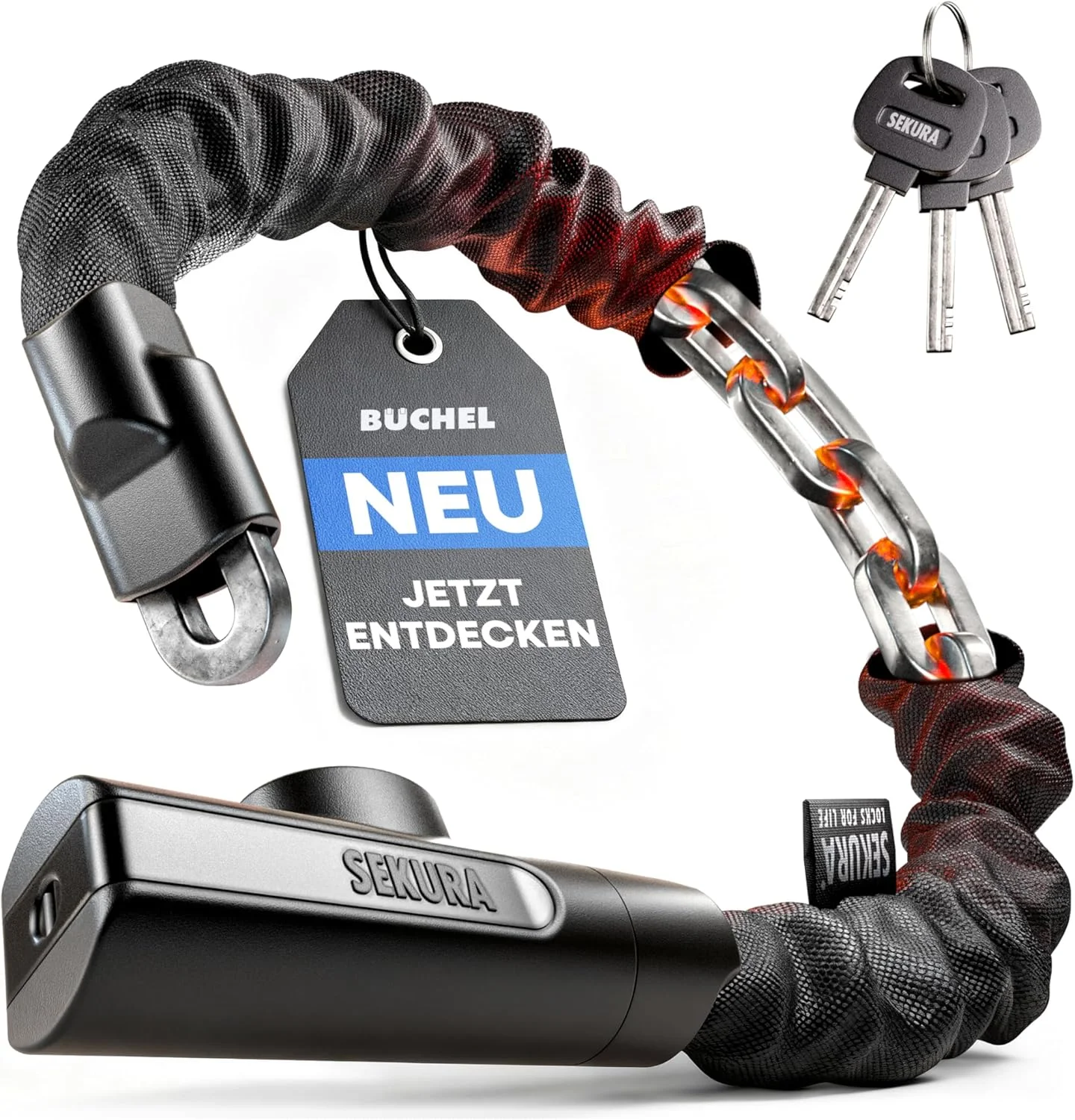 قفل دوچرخه بوچل Sekura با امنیت بالا - قفل دوچرخه 90 سانتی متری با قفل دیسکی ساخته شده از فولاد سخت شده 8 میلی متری - قفل زنجیری مناسب برای دوچرخه های برقی، دوچرخه ها، اسکوترها و غیره برای شهر، مدرسه، کار و اوقات فراغت