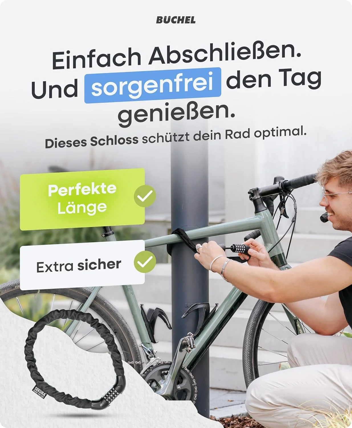 قفل زنجیری دوچرخه بوچل سکورا 90 سانتی‌متری با رمز 5 رقمی، قفل زنجیری کودکان و بزرگسالان با صفحه اعداد بزرگ و روکش نایلونی، قفل دوچرخه سبک وزن، امنیت بالا، ساخته شده از فولاد سخت‌کاری شده