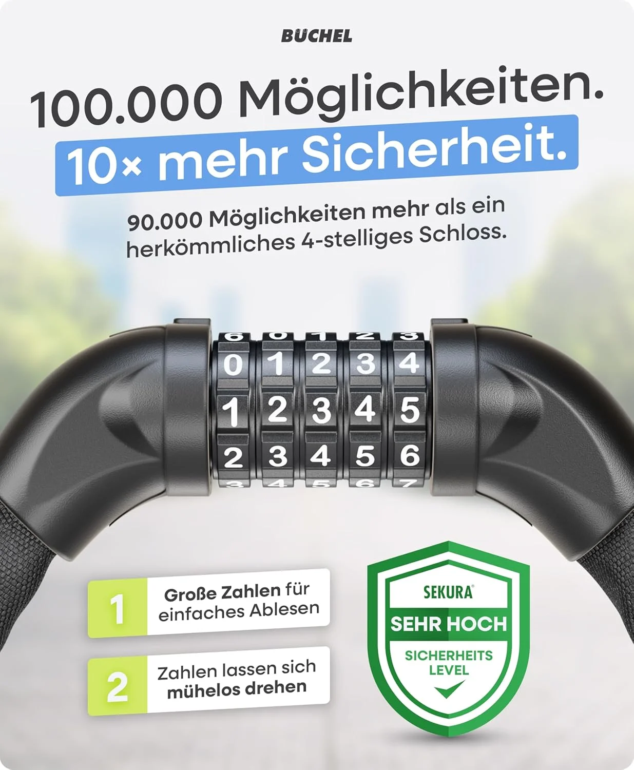 قفل زنجیری دوچرخه بوچل سکورا 90 سانتی‌متری با رمز 5 رقمی، قفل زنجیری کودکان و بزرگسالان با صفحه اعداد بزرگ و روکش نایلونی، قفل دوچرخه سبک وزن، امنیت بالا، ساخته شده از فولاد سخت‌کاری شده