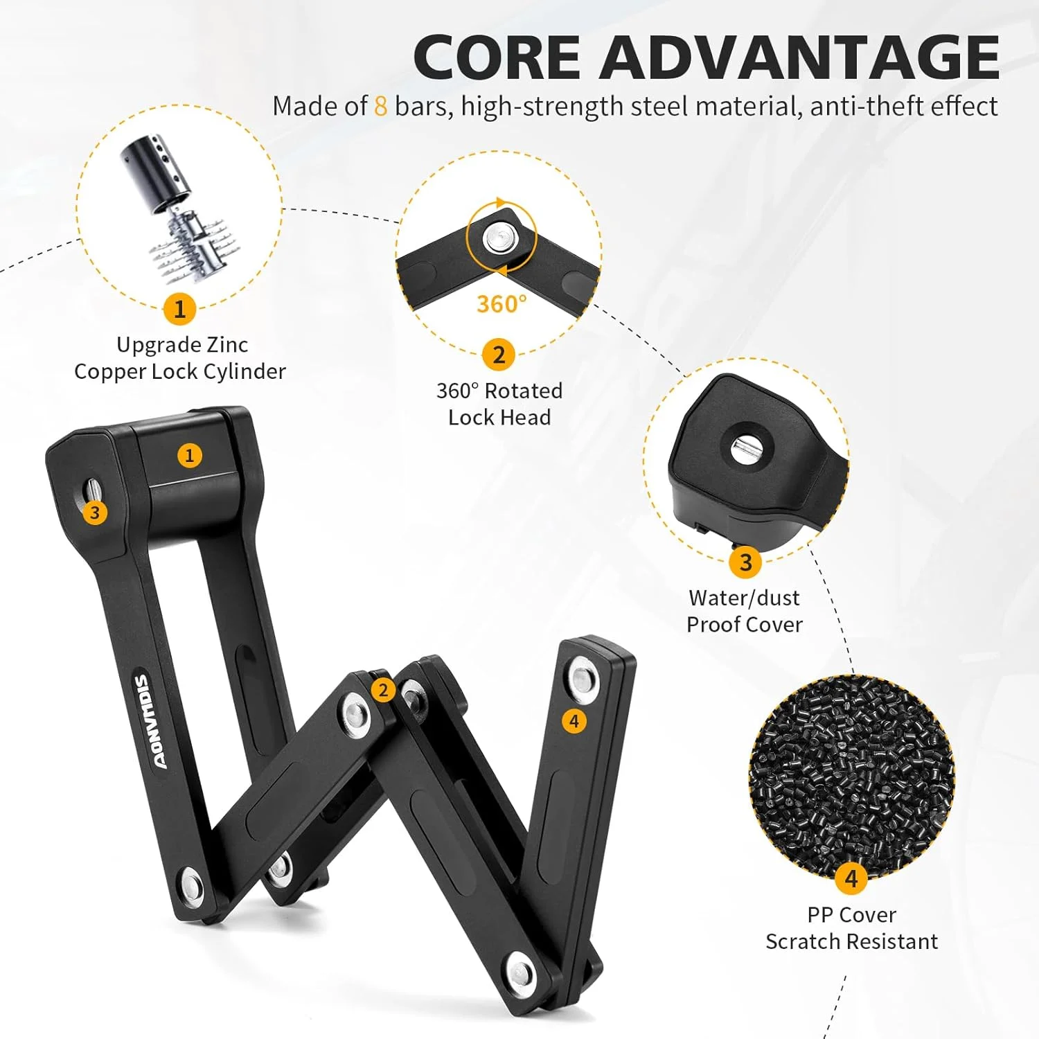 قفل تاشو دوچرخه، اسکوتر، موتور سیکلت با 3 کلید، قفل سنگین دوچرخه با براکت نصب آسان، قفل تاشو فولادی آلیاژی
