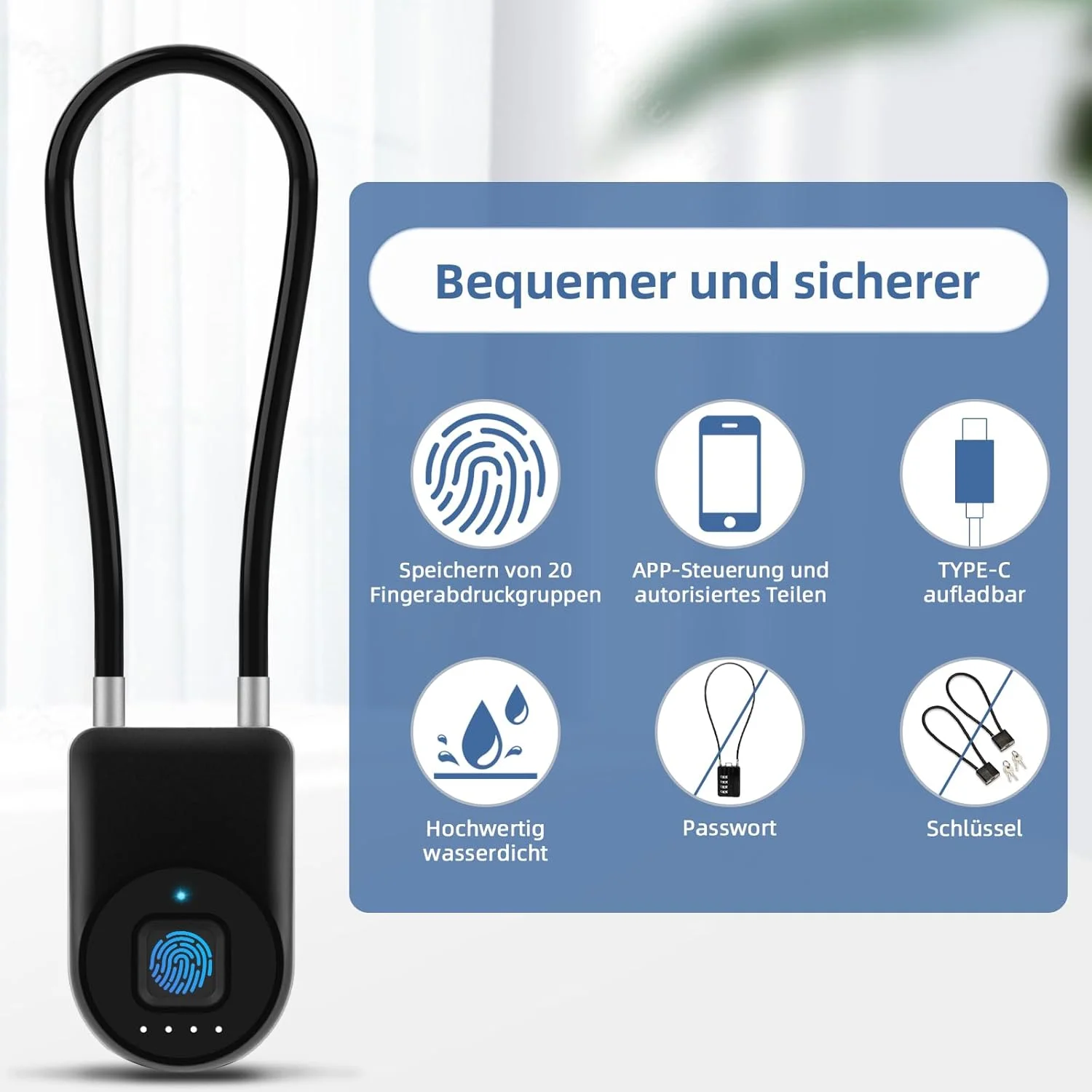 قفل کابلی اثر انگشتی Anweller، قفل با کابل فولادی 38 سانتی متری، قفل اثر انگشتی با برنامه، مناسب برای دوچرخه، اسکوتر برقی، قفل کلاه ایمنی، اسکوتر، کالسکه، کابینت