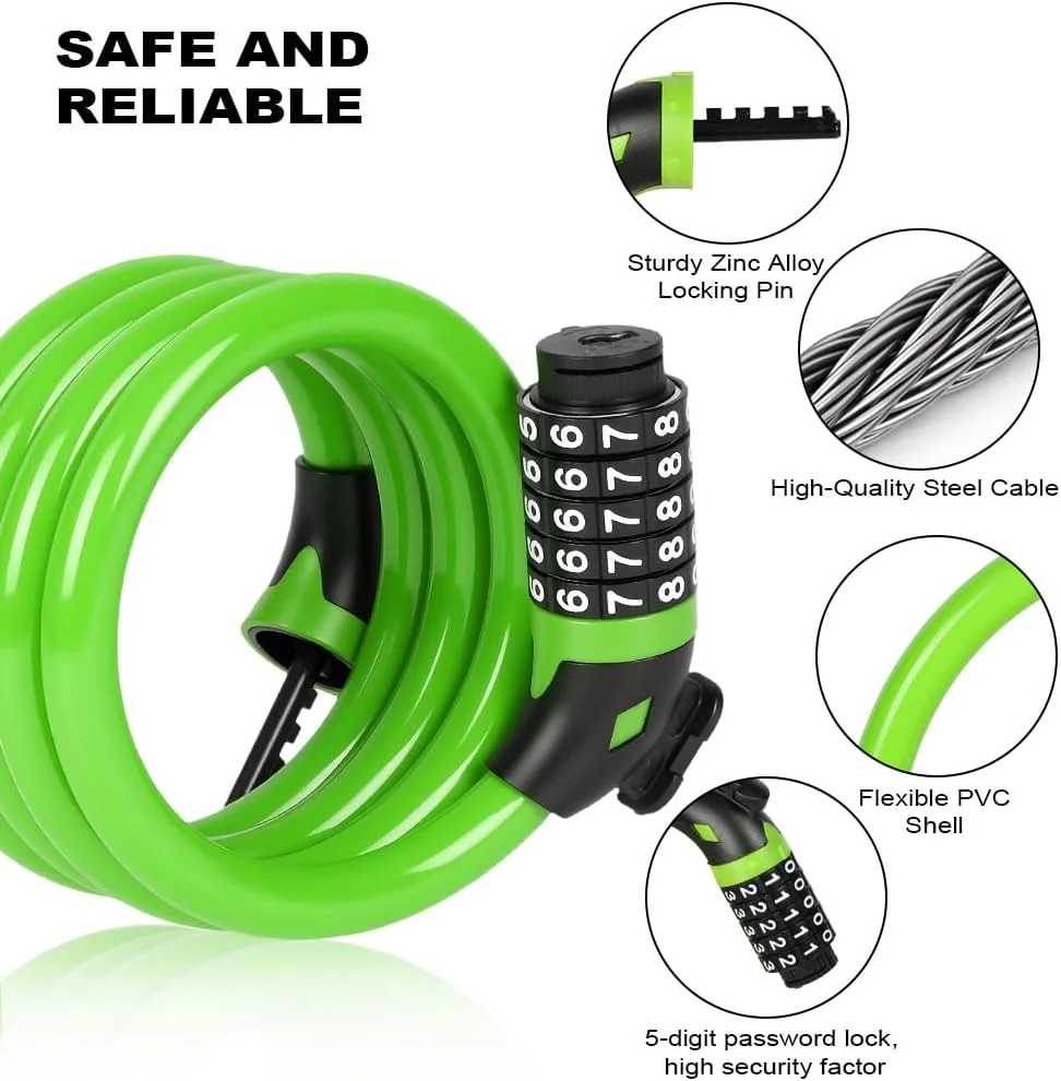 قفل دوچرخه Ainiv، قفل کابلی چرخشی ترکیبی 5 رقمی با امنیت بالا، 1.2 متر در 12 میلی متر، قفل دوچرخه سنگین با براکت نصب، برای دوچرخه، موتور سیکلت، اسکوتر، دروازه، حصار، سبز