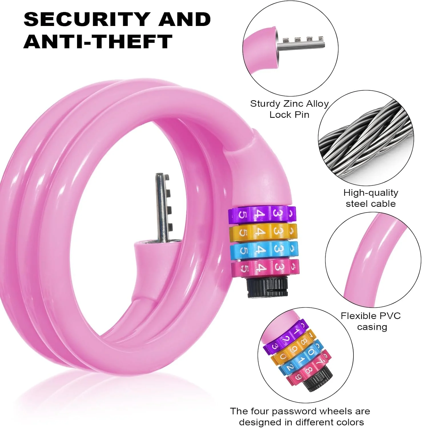 قفل دوچرخه Ainiv، کابل قفل دوچرخه 63 سانتی متری، قفل کابلی قابل حمل 4 رقمی ضد سرقت، قفل دوچرخه سیم پیچی ترکیبی قابل تنظیم مجدد برای دوچرخه، موتور سیکلت، اسکوتر، اسکیت بورد، دروازه، حصار (صورتی)