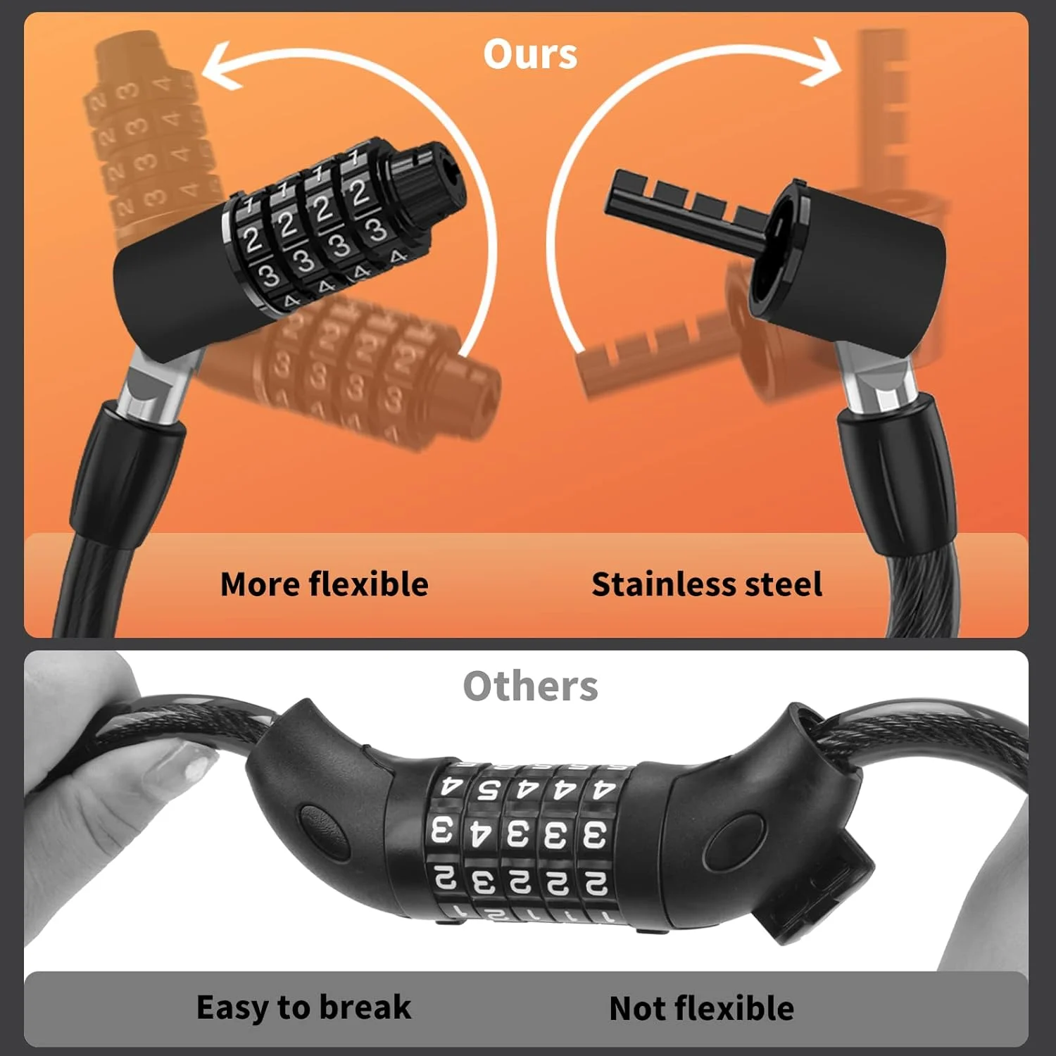 قفل کابلی دوچرخه، قفل دوچرخه با امنیت بالا با رمز 4 رقمی قابل تنظیم مجدد، قفل ضد سرقت دوچرخه با کابل سیم فولادی، قفل بلند دوچرخه برای اسکوتر، دوچرخه برقی، کالسکه و غیره (150 سانتی متر)