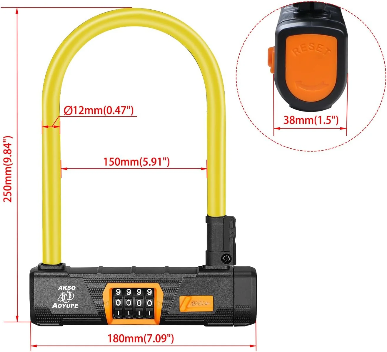 قفل ضد سرقت سنگین و قابل تنظیم مجدد 4 رقمی سیلیکونی زرد و کابل 1.2 متری 12 میلی متری، قفل بدون کلید برای فضای باز، قفل U شکل با براکت نصب محکم، برای دوچرخه های کوهستانی (1 ست)