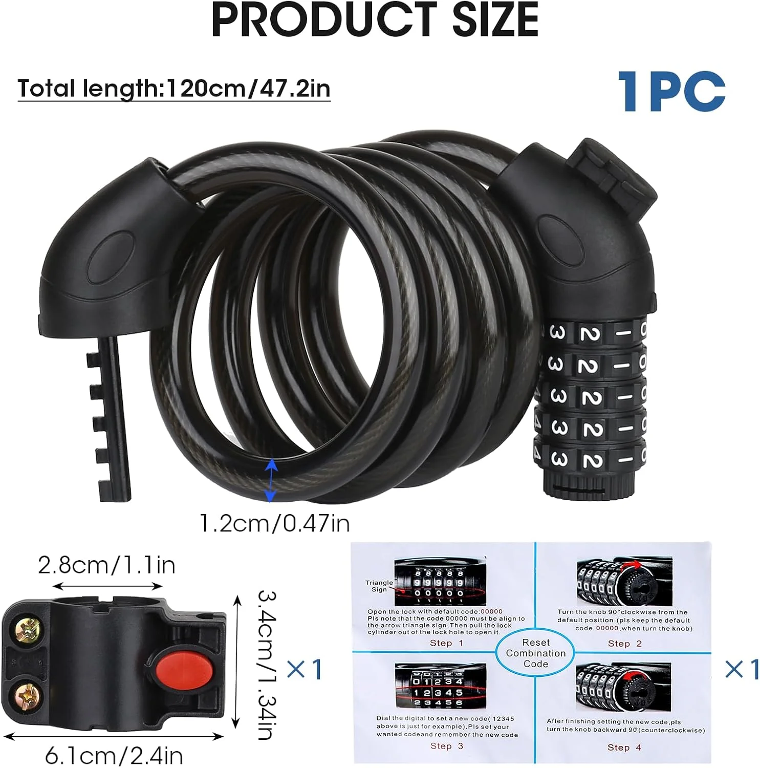 قفل دوچرخه 120 سانتی متری با براکت - قفل کابلی امنیتی سنگین 5 رقمی قابل تنظیم مجدد برای دوچرخه ها، موتورسیکلت ها، دروازه ها، اسکوترها - مقاوم در برابر آب و مقاوم در برابر برش
